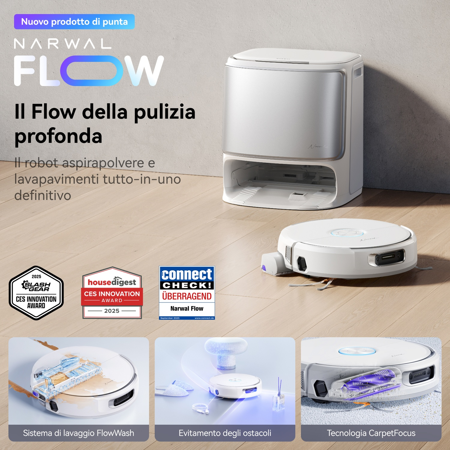 Robot lavapavimenti Narwal Flow con base di ricarica. Premi e dettagli.