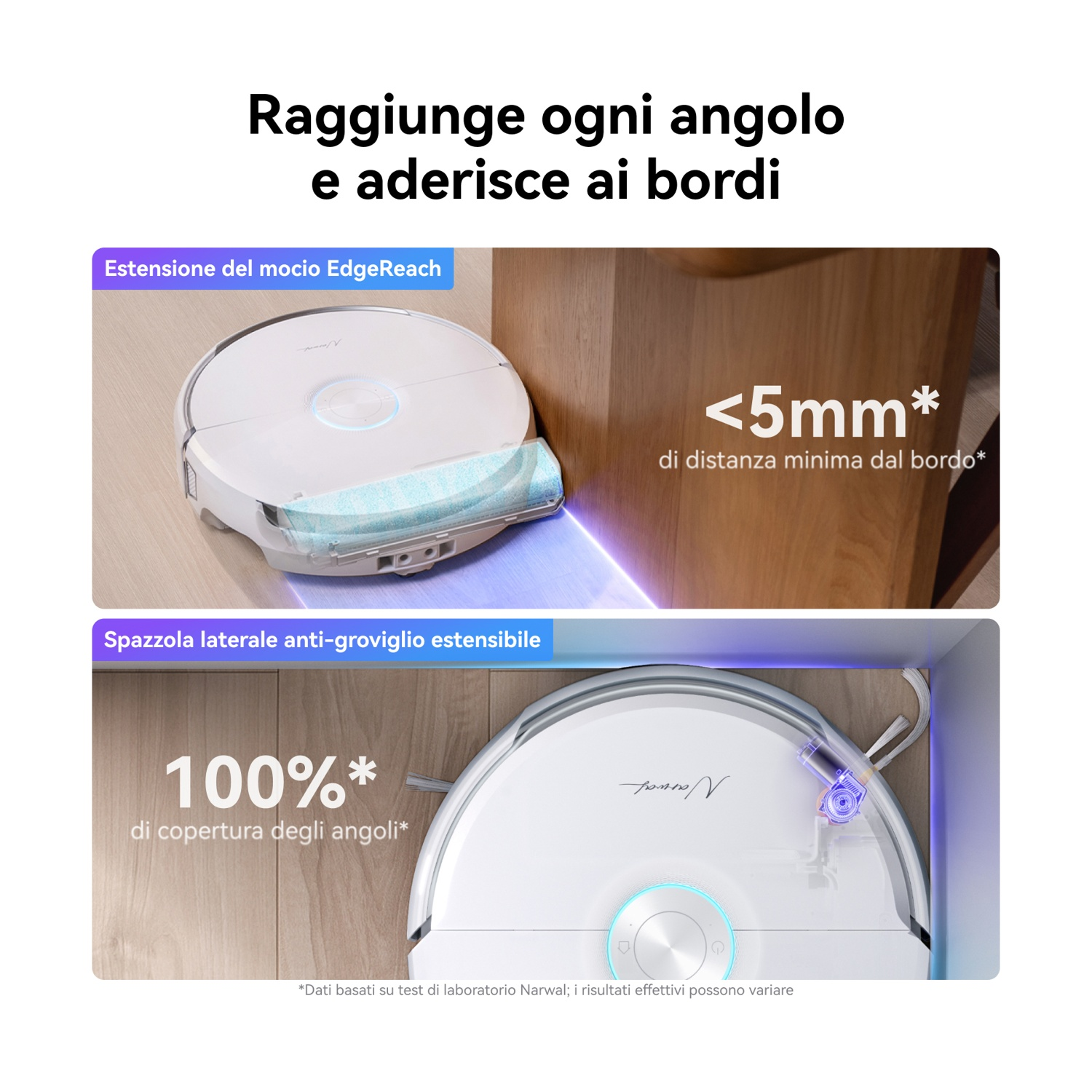 Un robot aspirapolvere bianco con mocio estensibile pulisce un angolo; un altro ha una spazzola laterale.