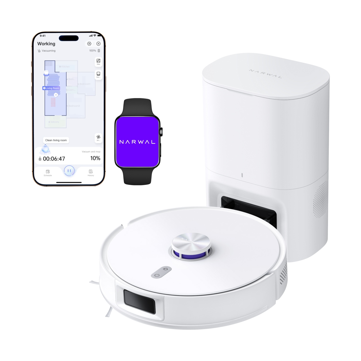 Un robot aspirapolvere bianco con stazione di ricarica e smartwatch, accanto a un telefono con app.