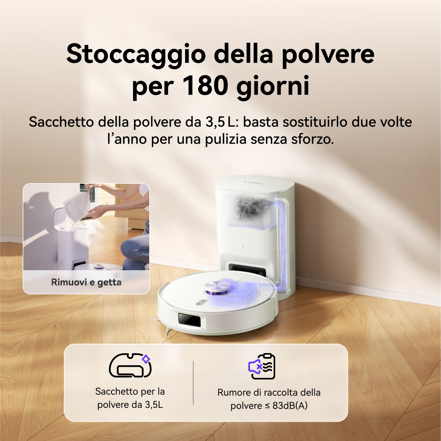 Un robot aspirapolvere bianco e la sua stazione di ricarica per la polvere.