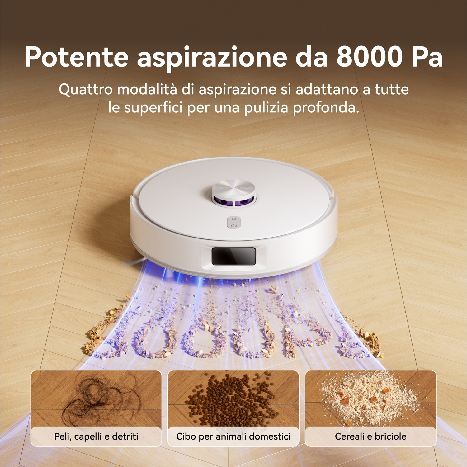 Un robot aspirapolvere bianco pulisce peli, cibo e briciole da un parquet.