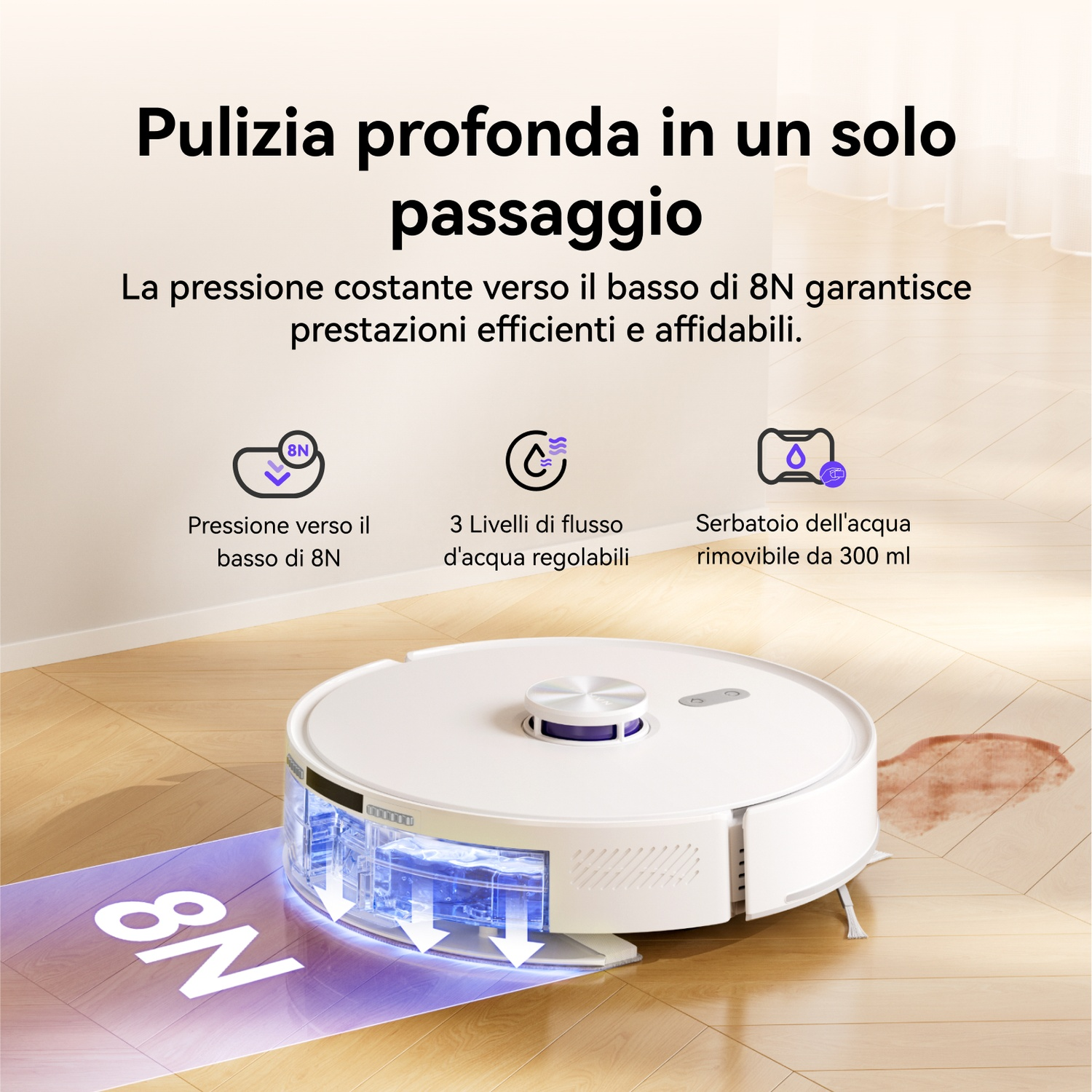 Un robot aspirapolvere bianco pulisce un pavimento in legno. Pressione 8N.