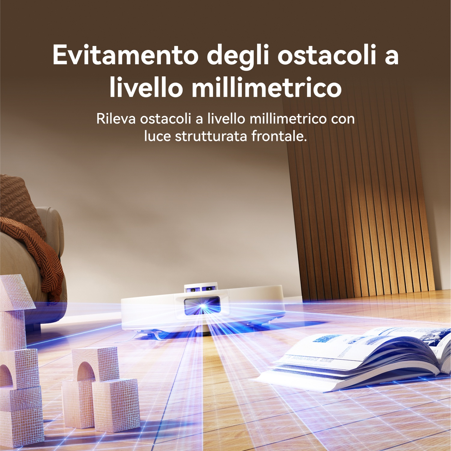 Un robot aspirapolvere bianco scansiona pavimento e ostacoli con raggi di luce blu.