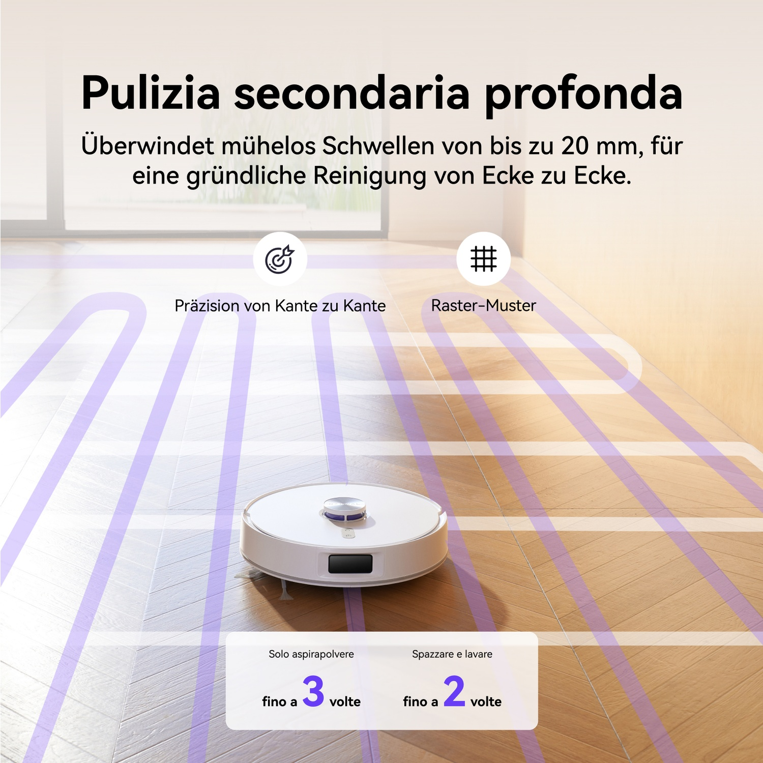 Un robot aspirapolvere pulisce un pavimento in legno segnato da linee viola.