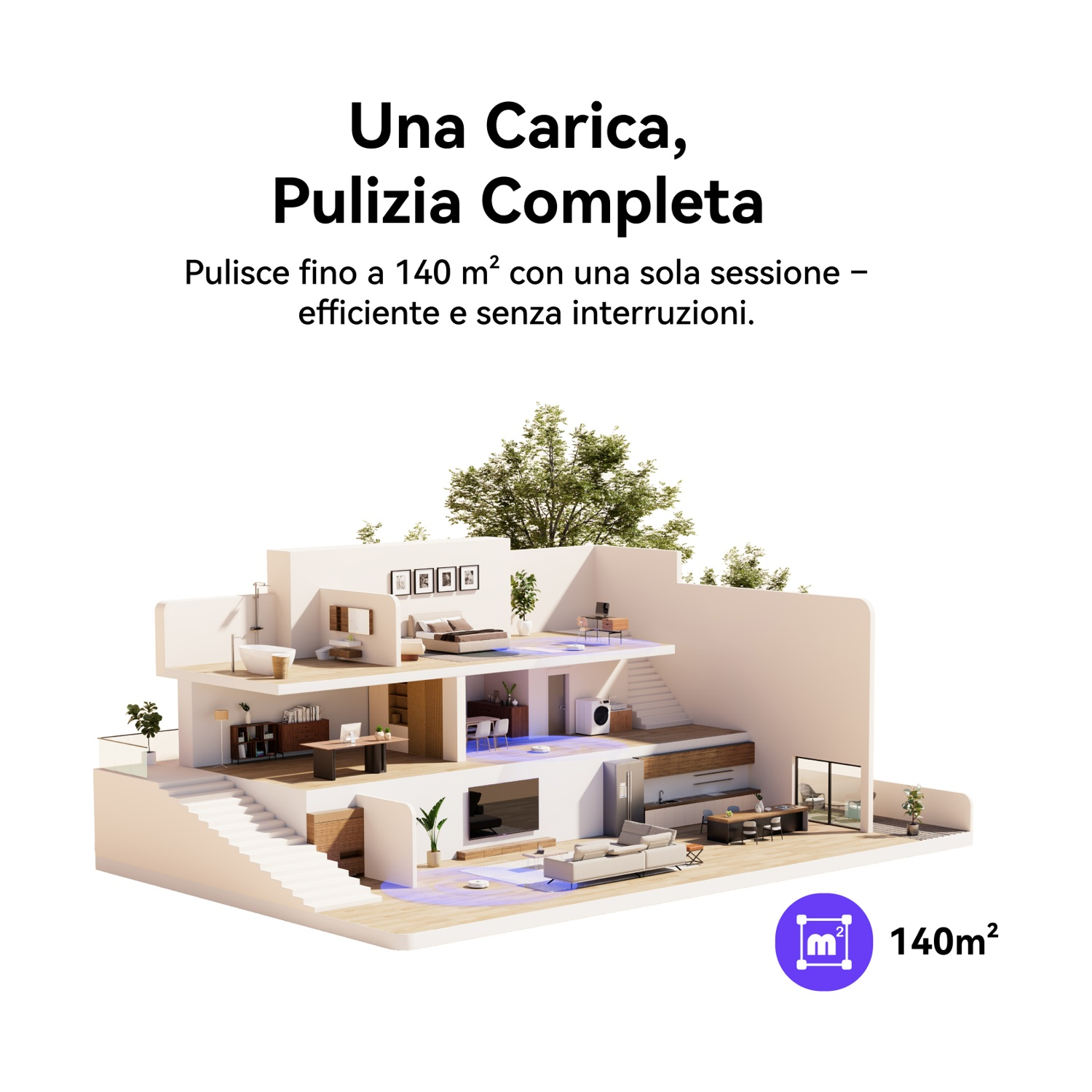 Sezione di una casa moderna con mobili e aspirapolvere robot.