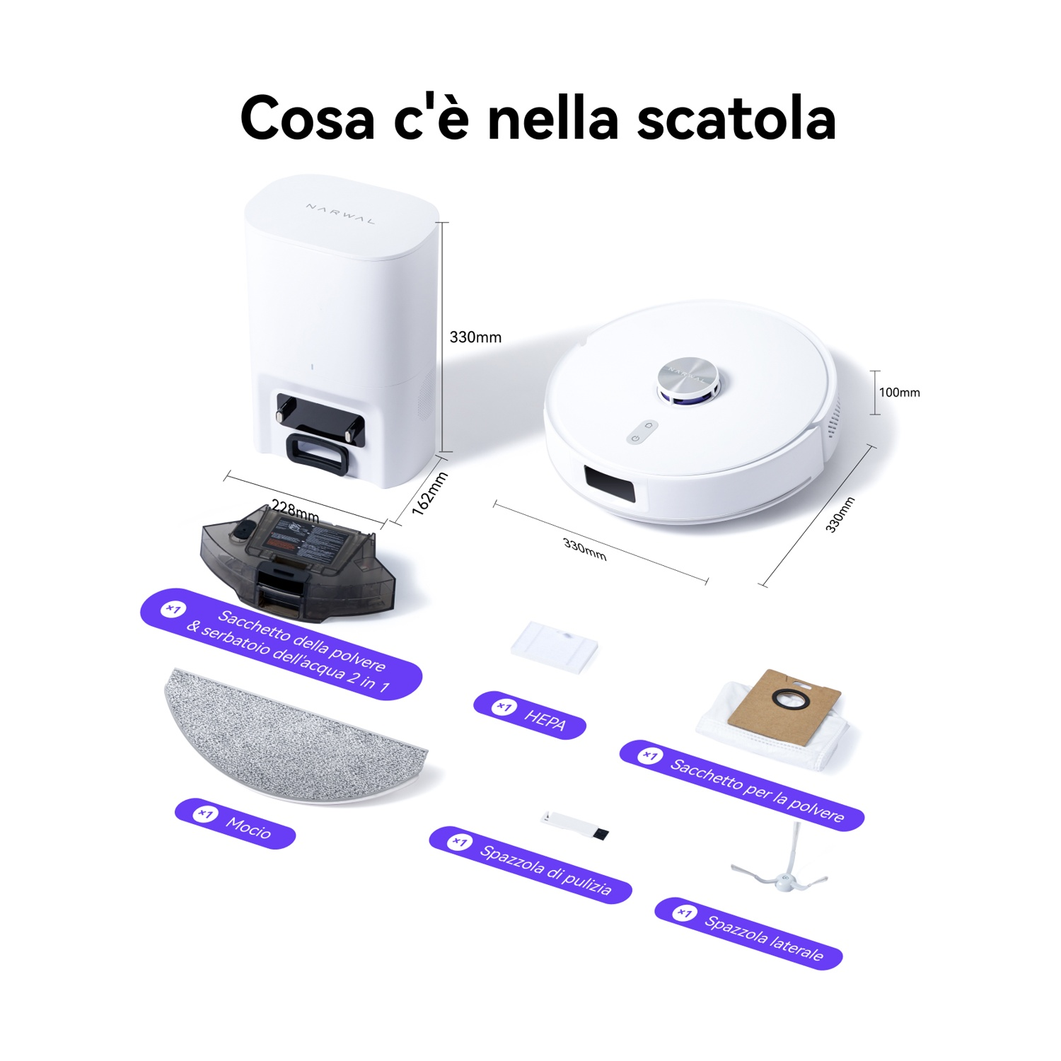Contenuto della scatola: Dock, robot aspirapolvere, sacco polvere e accessori.
