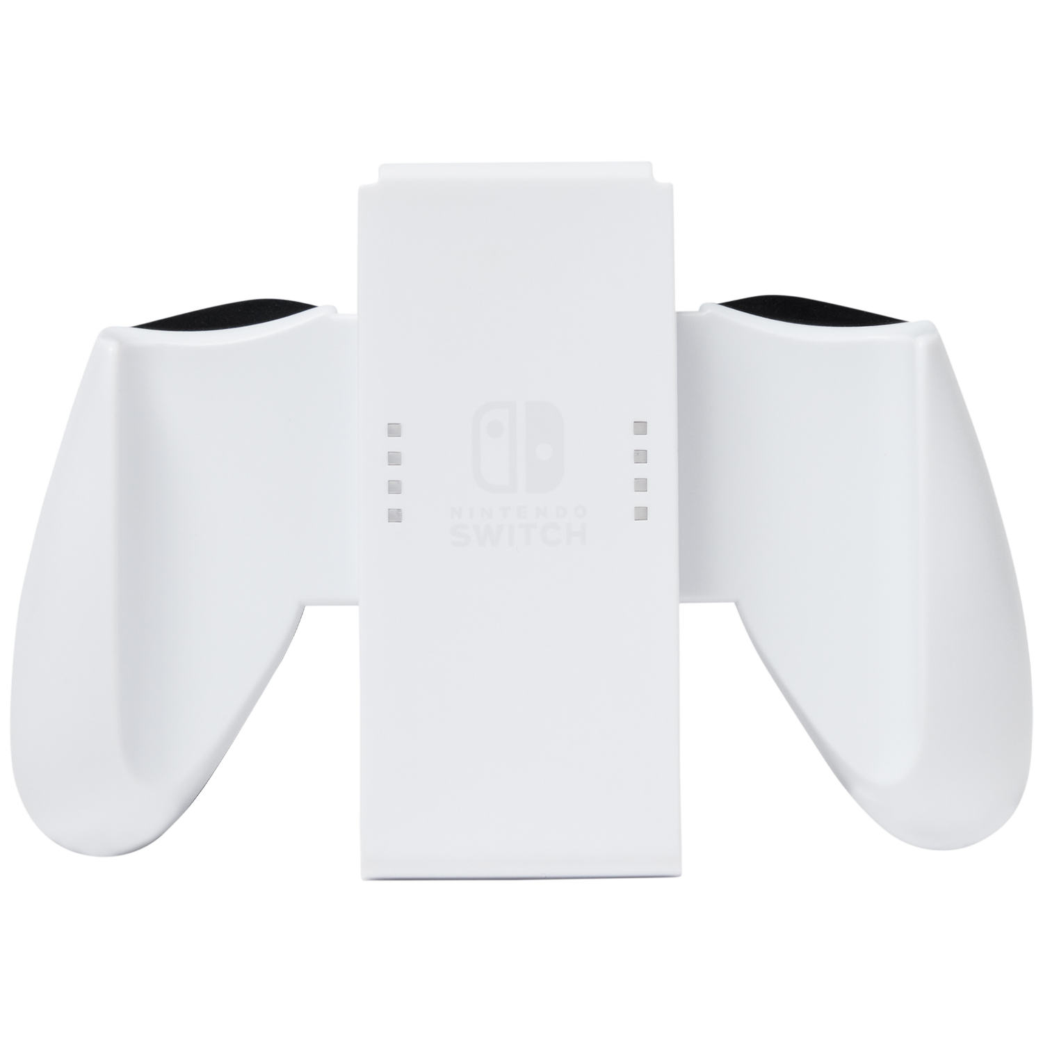 Een witte Nintendo Switch grip-accessoire met zwarte inzetstukken.