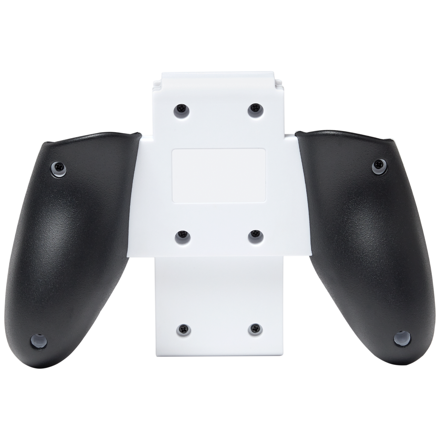 Een witte grip met twee zwarte handvatten voor gamecontrollers, op zwarte achtergrond.