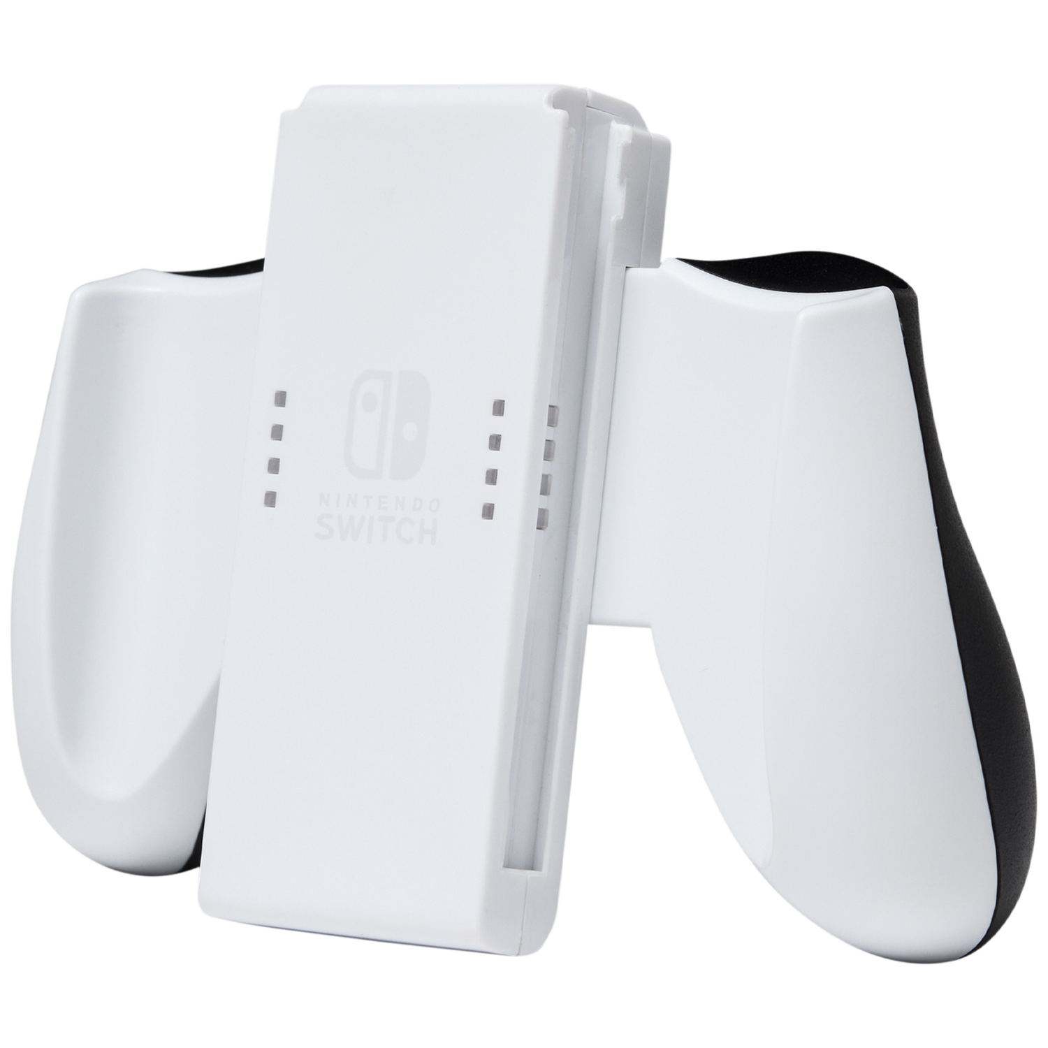 Een witte Nintendo Switch Joy-Con grip met zwarte accenten.