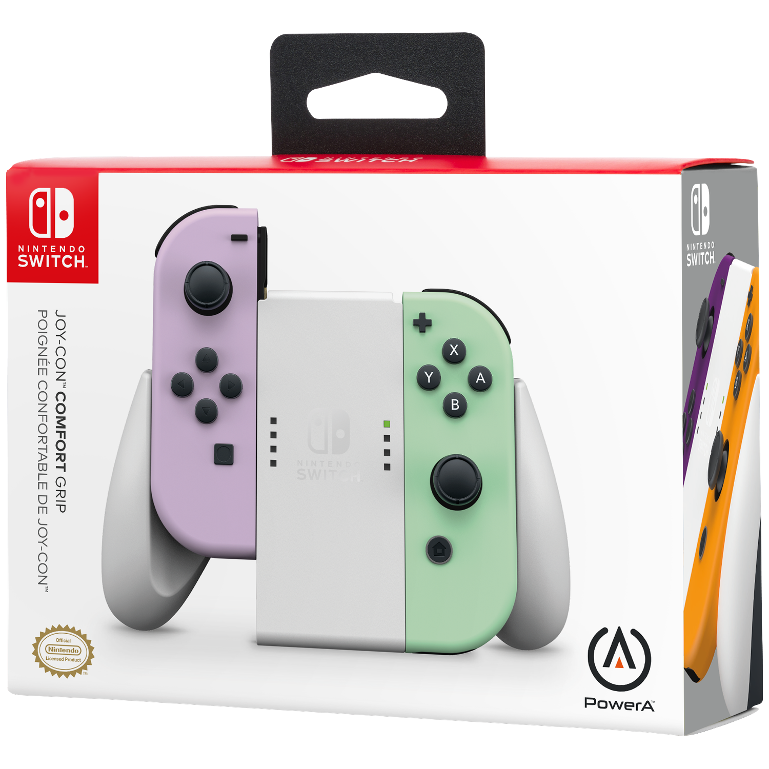 Nintendo Switch Joy-Cons in lavendel, lichtgroen en wit in verpakking.