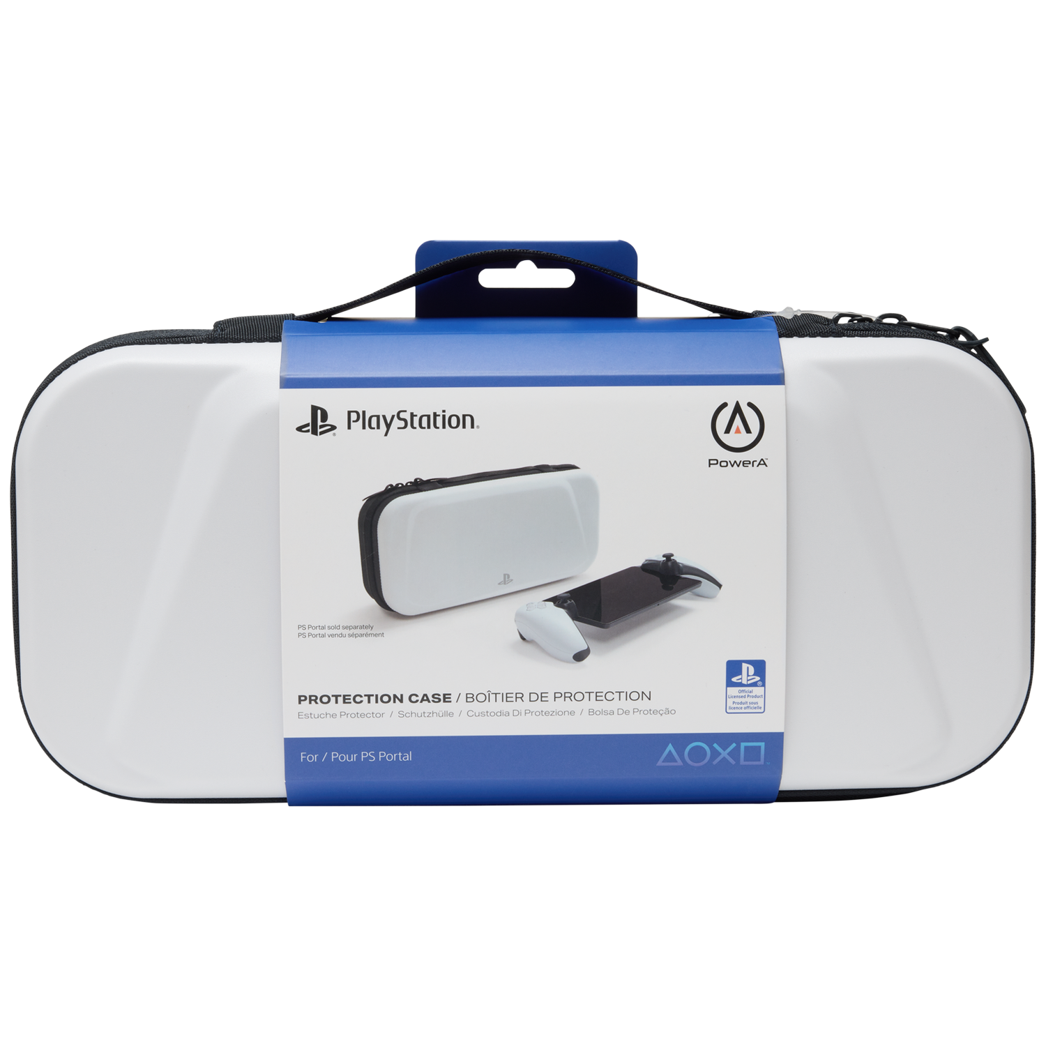 Witte beschermhoes voor PS Portal met PlayStation en PowerA logo's.