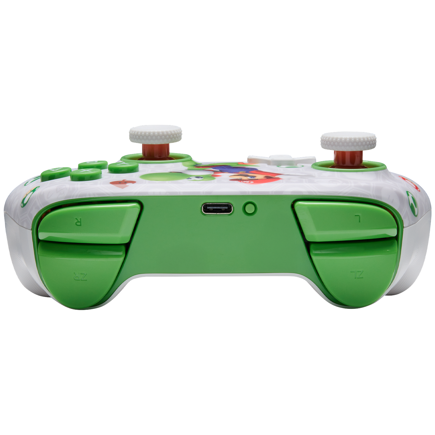 A white game controller with green buttons and Mario graphics.