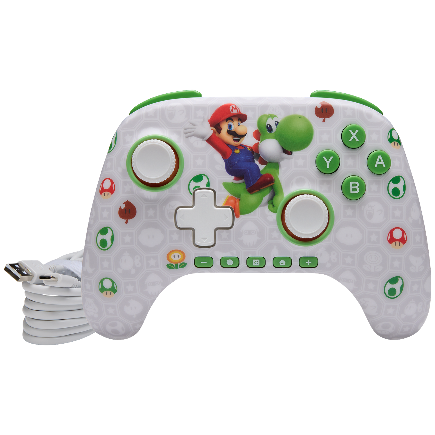 A white controller featuring Mario and Yoshi, with a white cable.