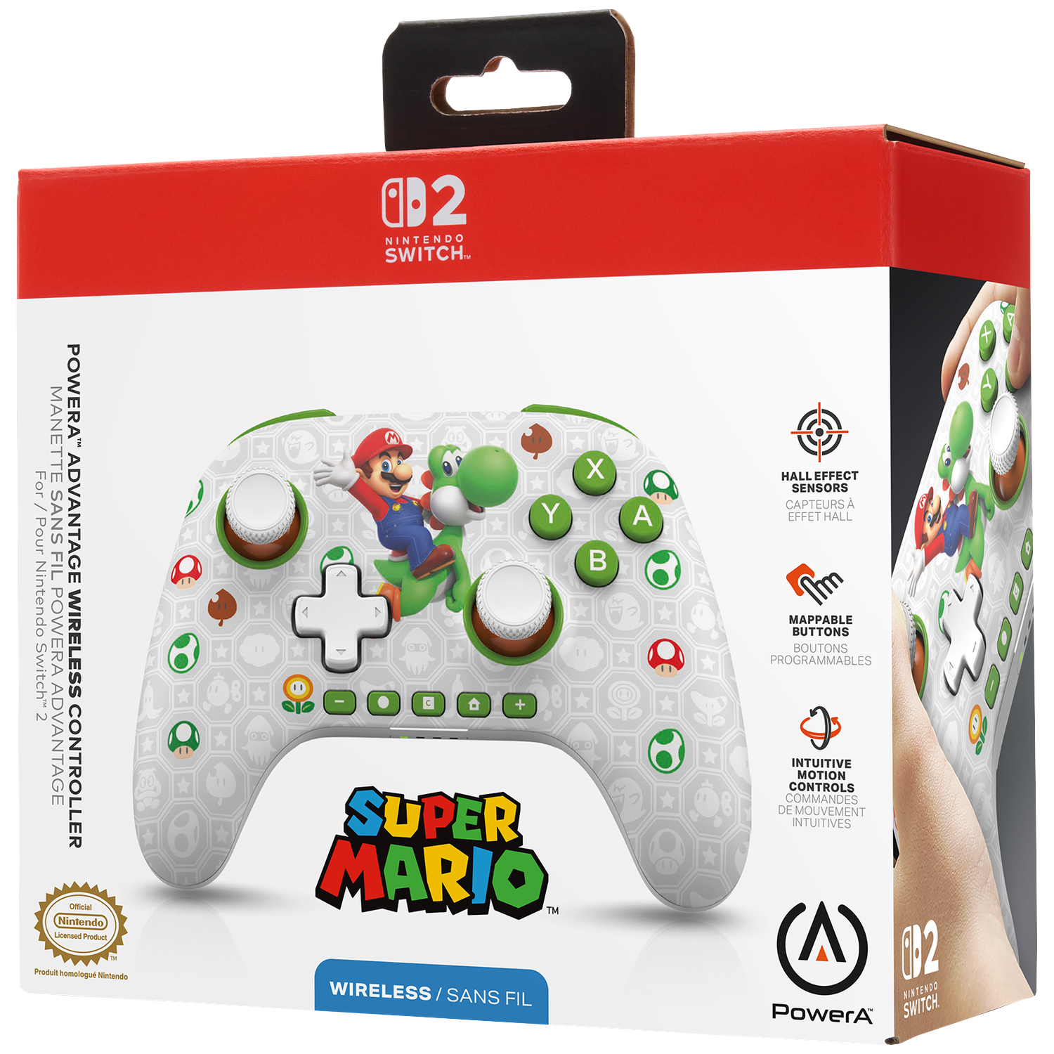 Nintendo Switch controller packaging featuring Mario and Yoshi. White with red accents.