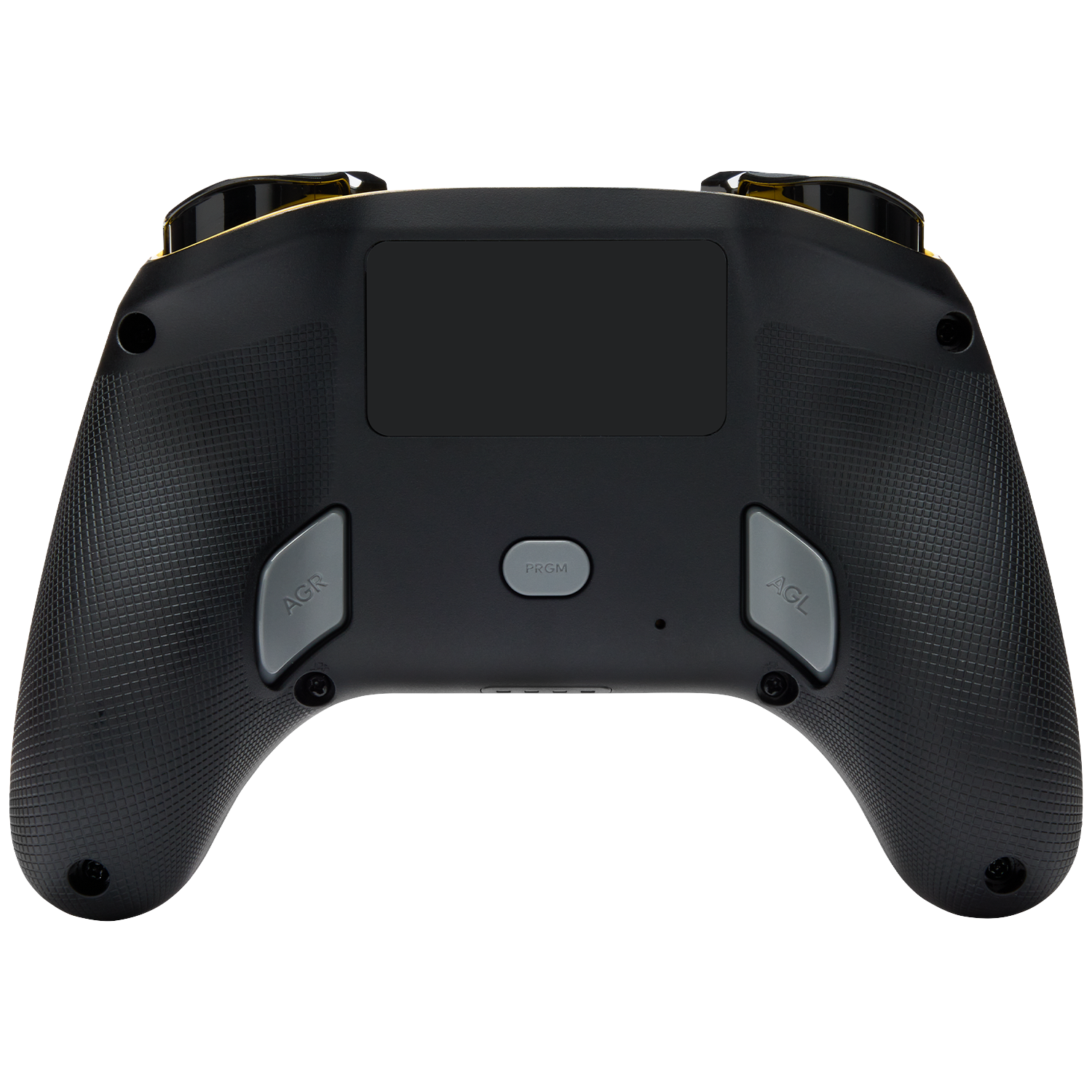 Back of a black controller with yellow accents, AGR/AGL buttons, and PRGM button.