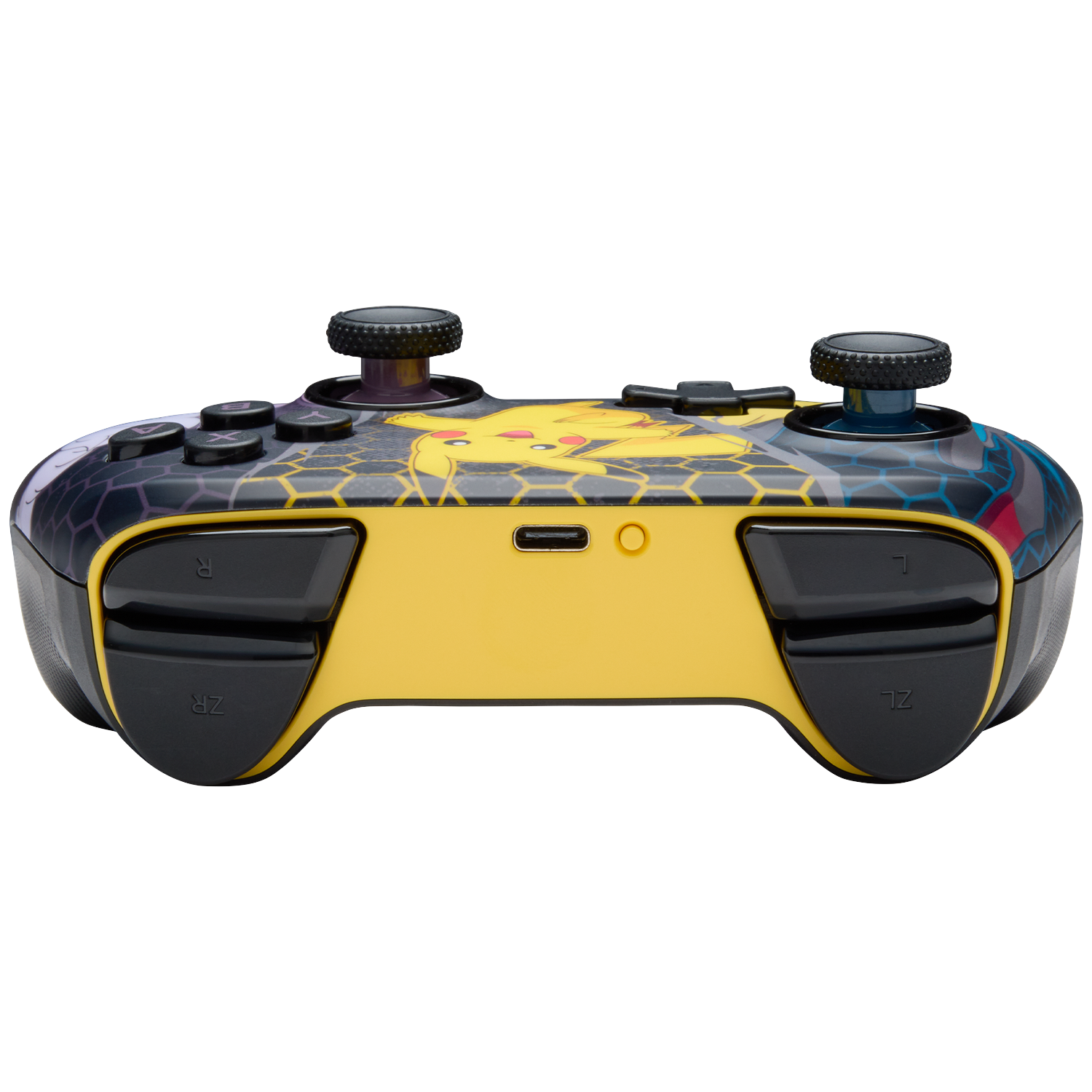 A yellow controller featuring Pikachu design with black buttons on a black background.