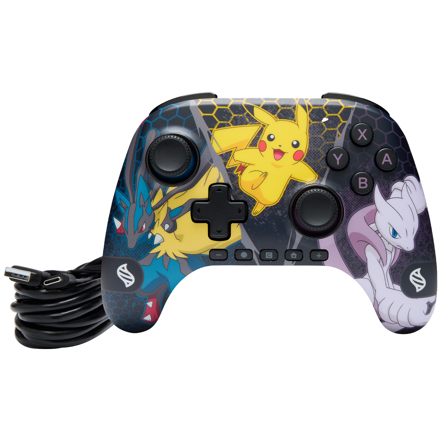 A controller featuring Pikachu, Lucario, and Mewtwo. Black cable beside it.