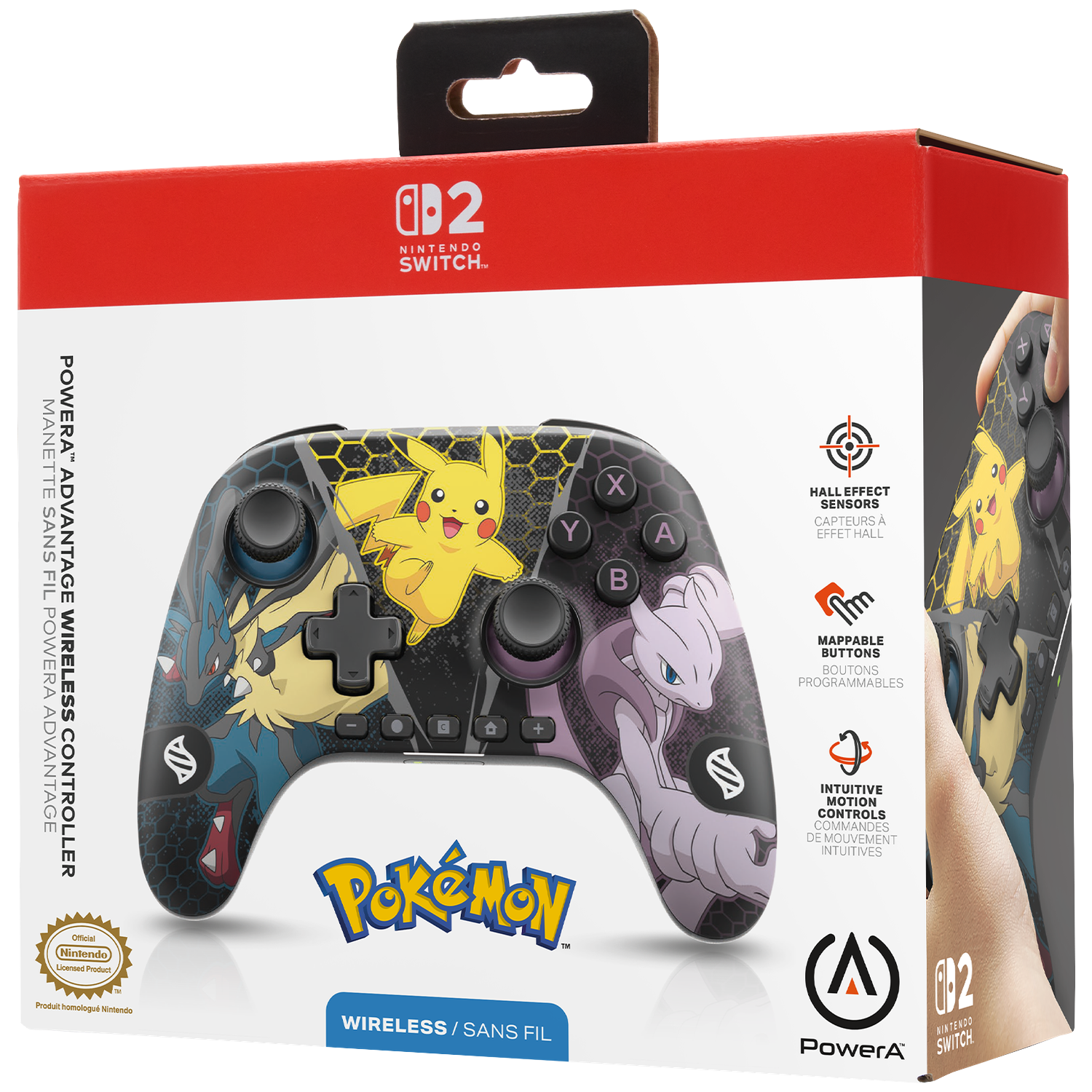 Nintendo Switch controller packaging featuring Pokémon: Pikachu, Mewtwo, and Lucario.