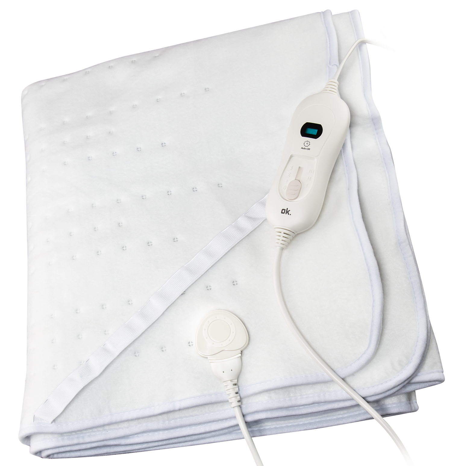Biały koc elektryczny z białym sterownikiem i kablami.