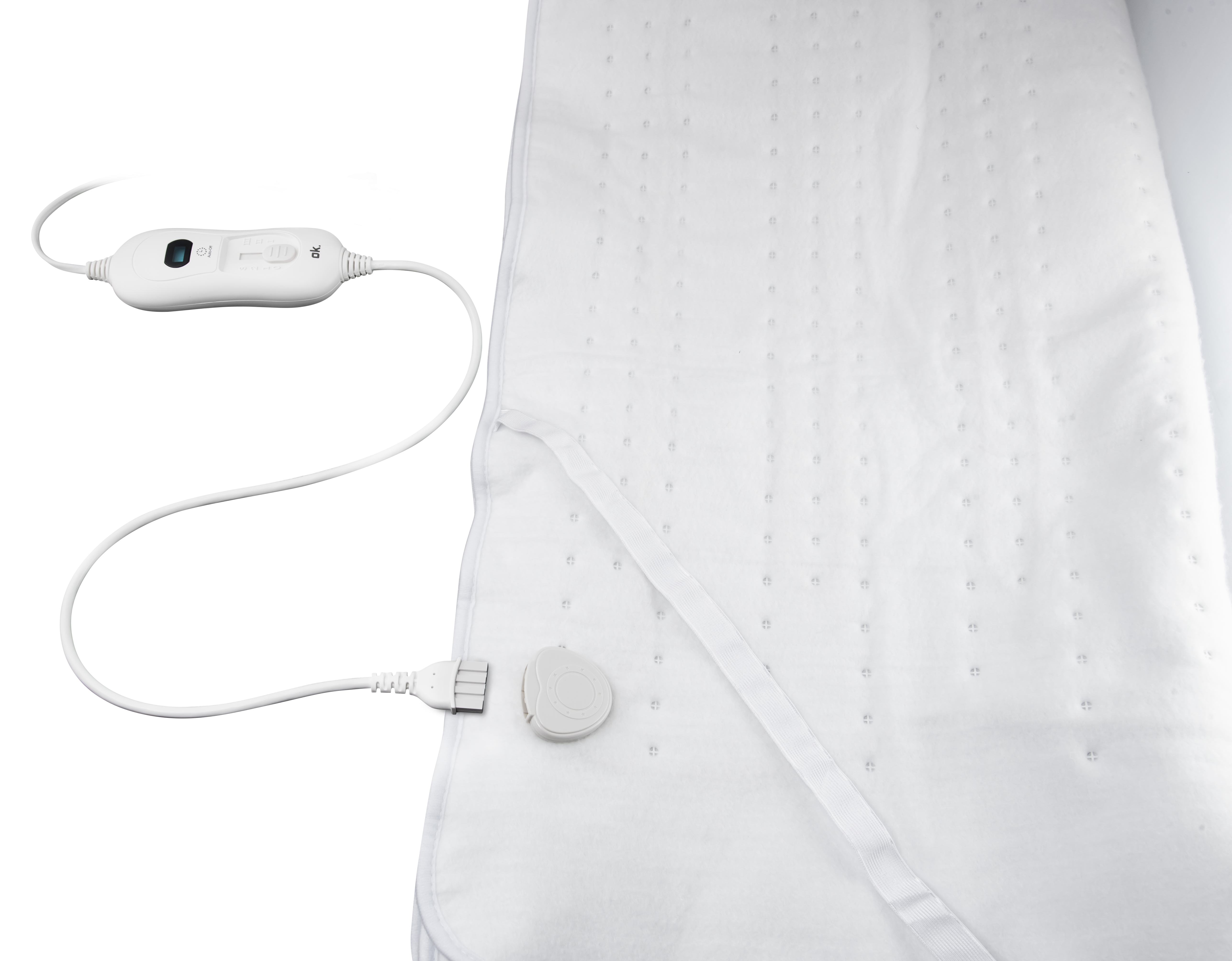 Biały koc elektryczny z białym kablem i suwakowym kontrolerem.