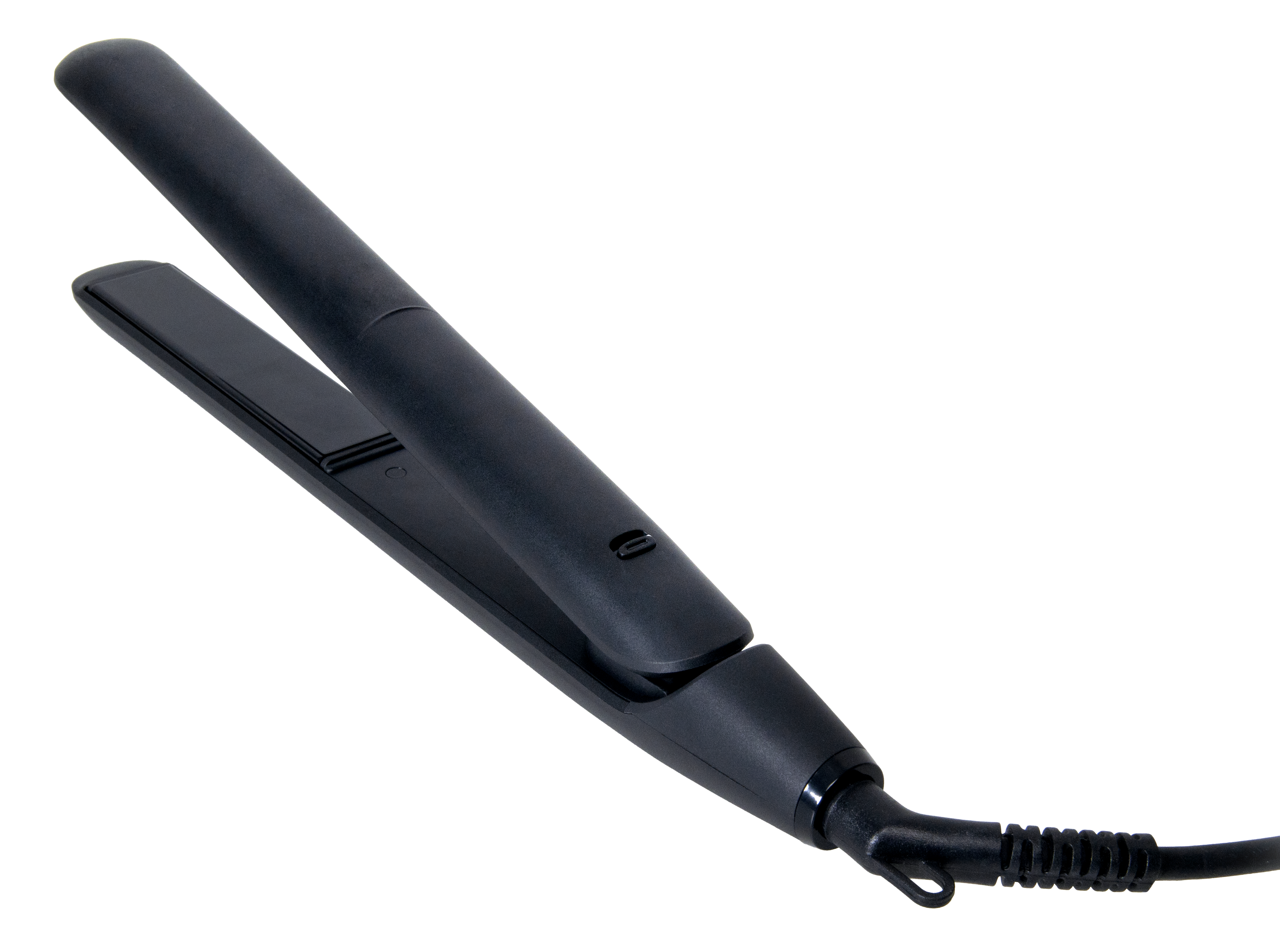 Czarna prostownica z kablem na czarnym tle.