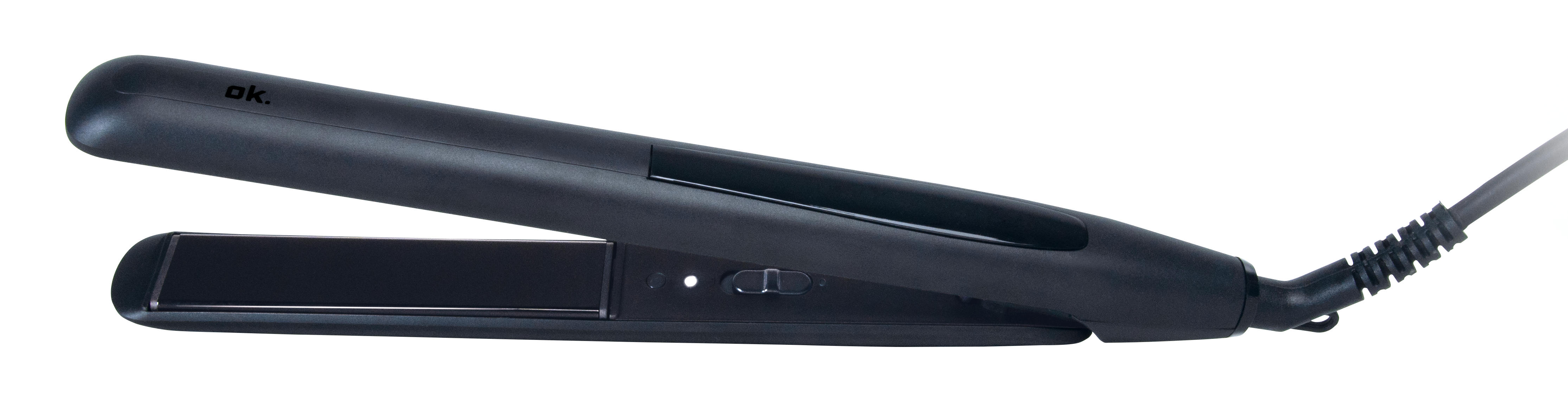 Czarna prostownica ze świecącym się wskaźnikiem na czarnym tle.