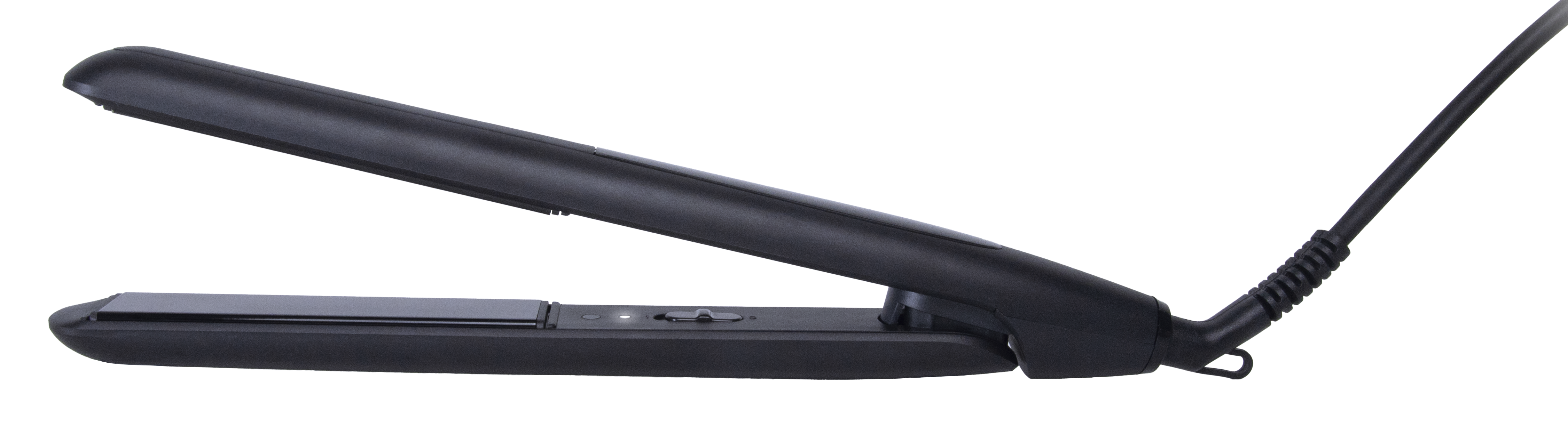 Czarna prostownica z kablem, na czarnym tle.