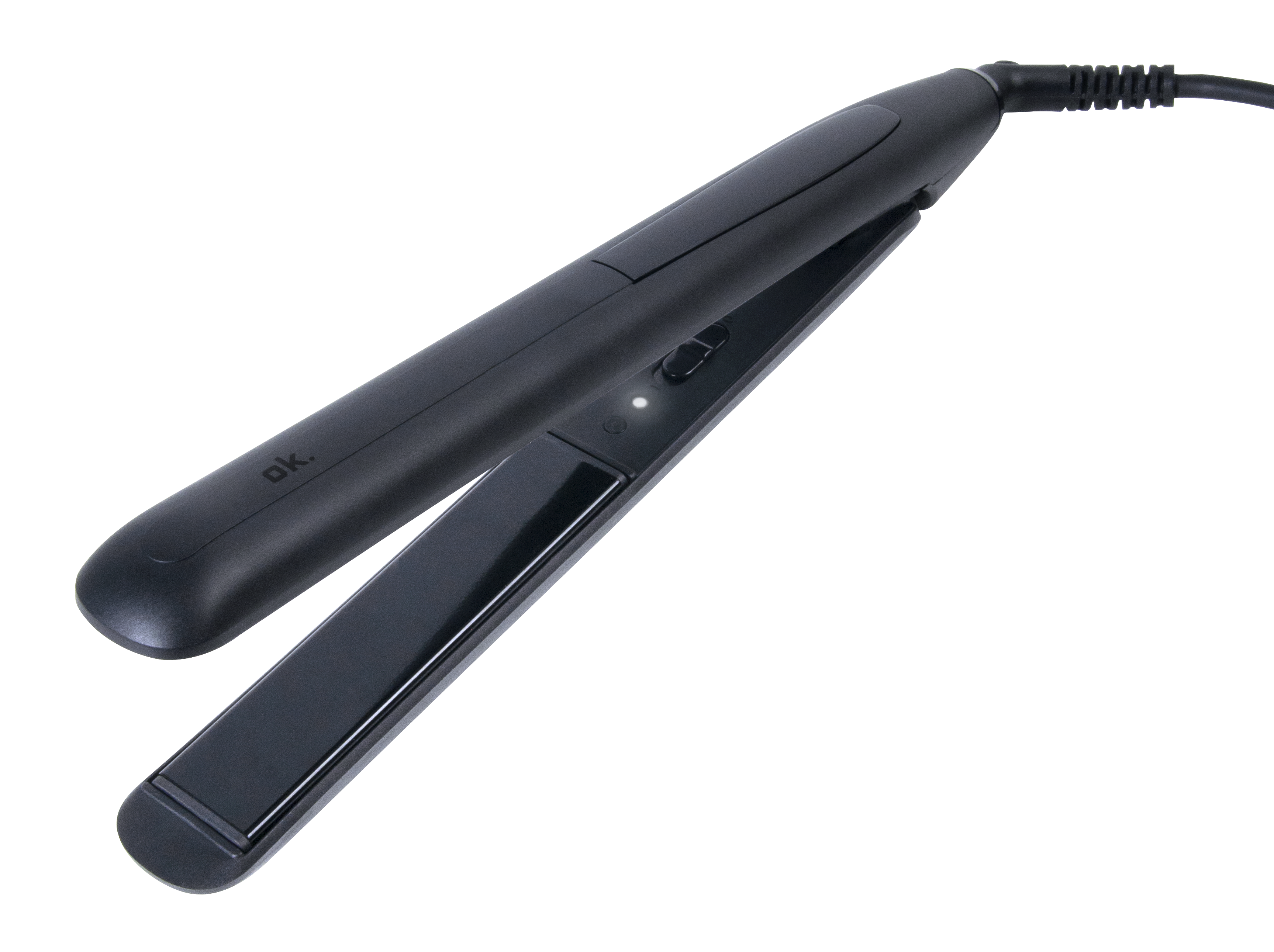 Czarna prostownica do włosów z kablem i podświetloną diodą LED.