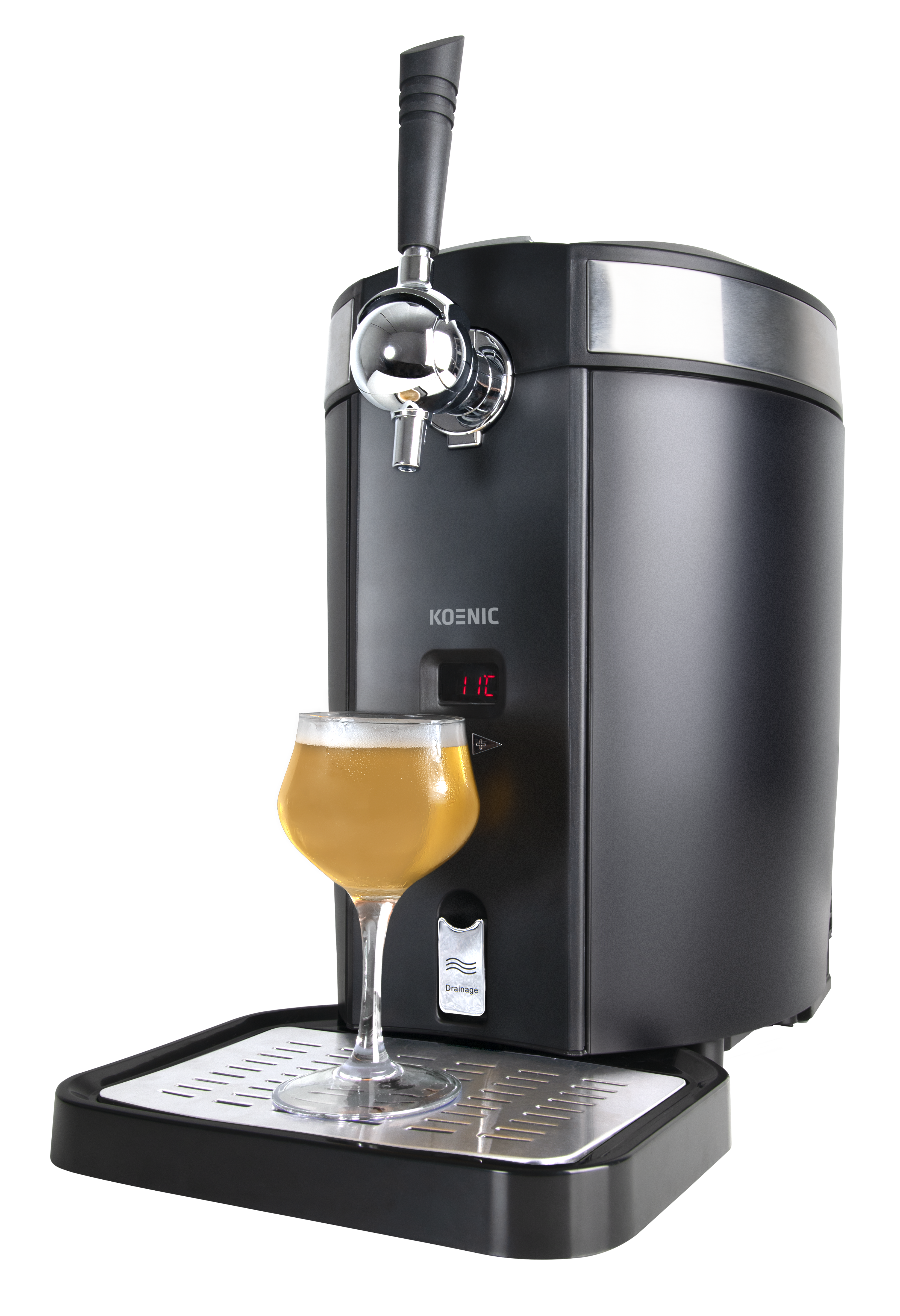 Czarny dystrybutor piwa ze szklanką piwa obok.