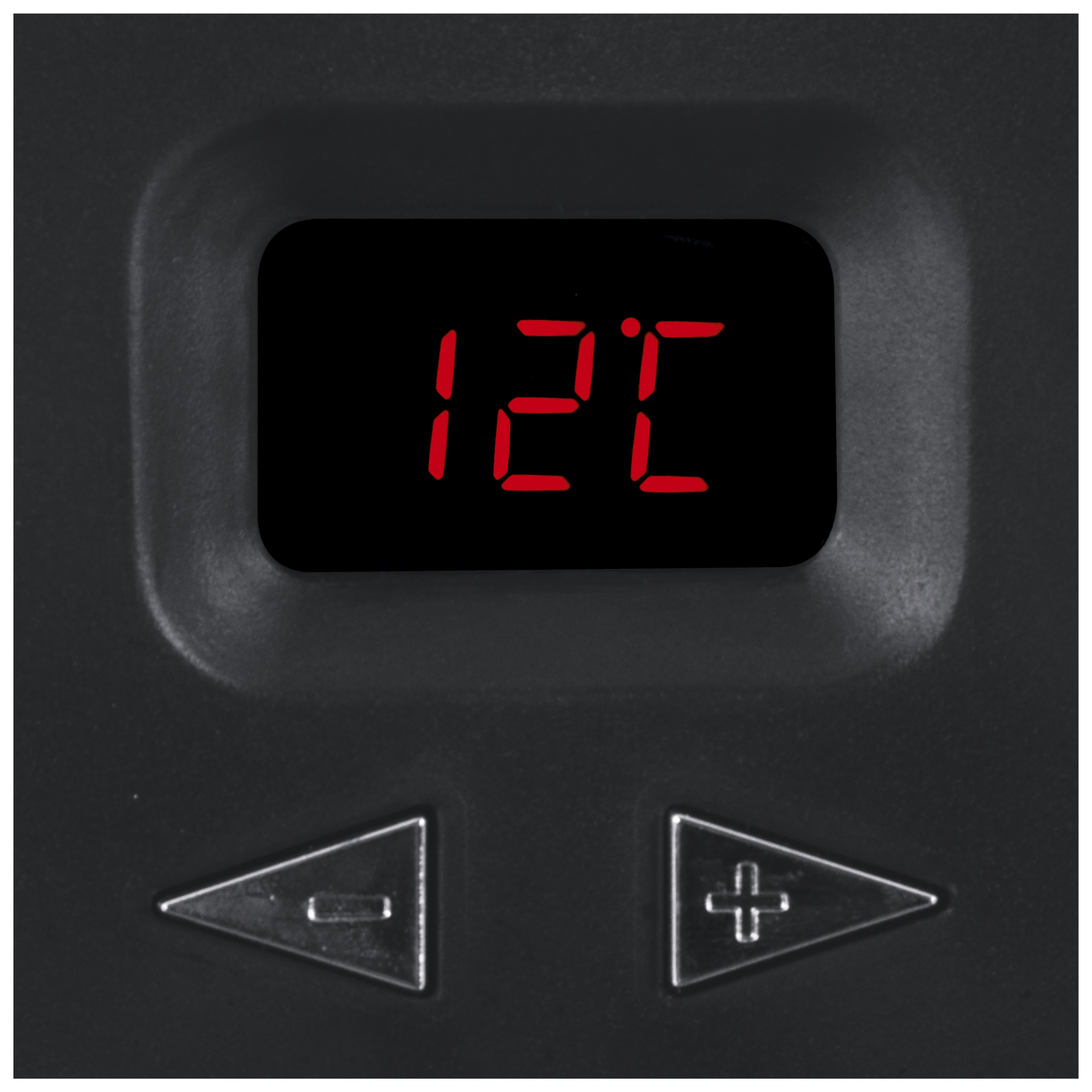 Wyświetlacz cyfrowy pokazuje 12°C, poniżej przyciski minus i plus.
