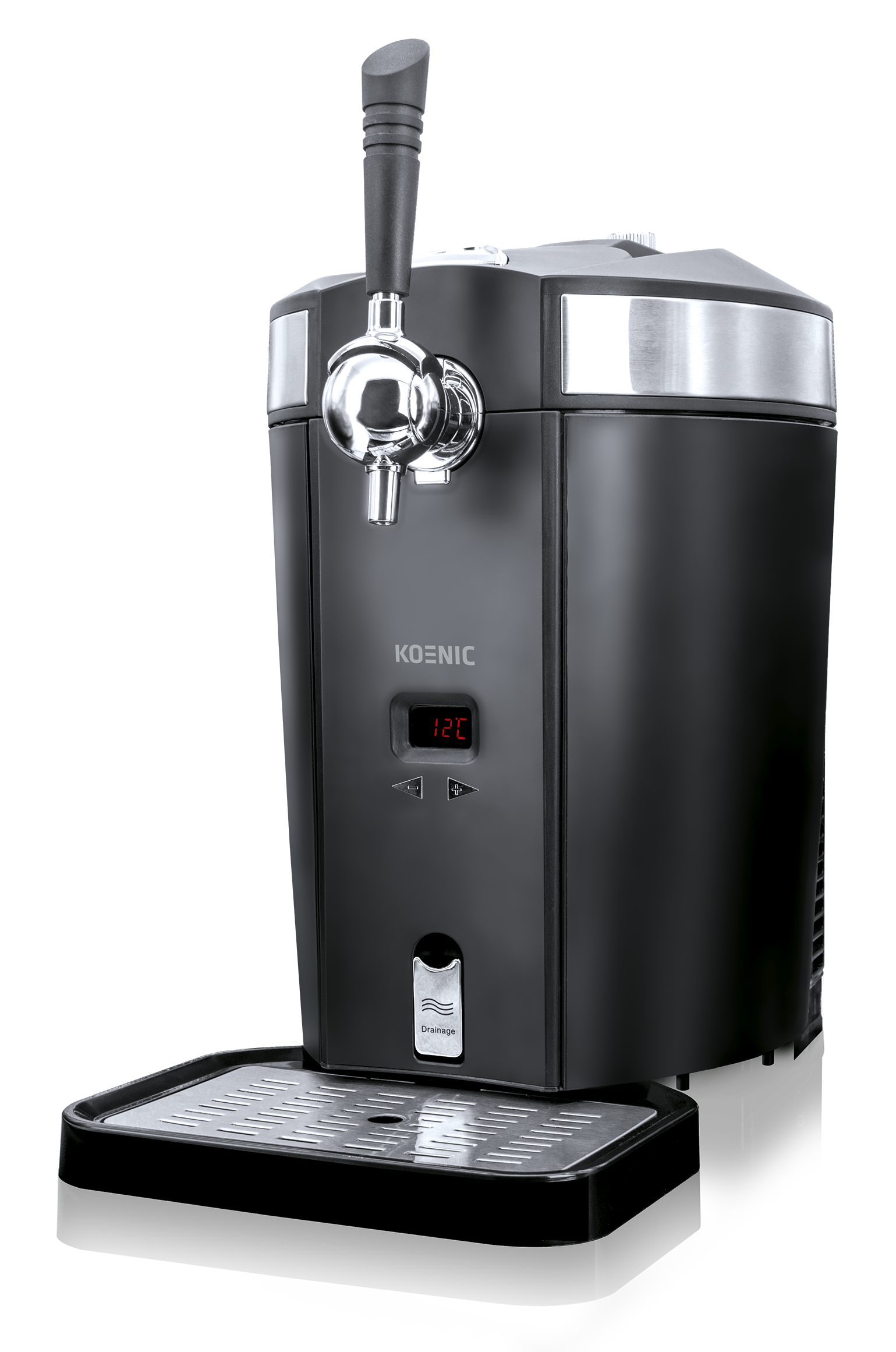 Czarny dystrybutor piwa z chromowanym kranem i cyfrowym wyświetlaczem temperatury.