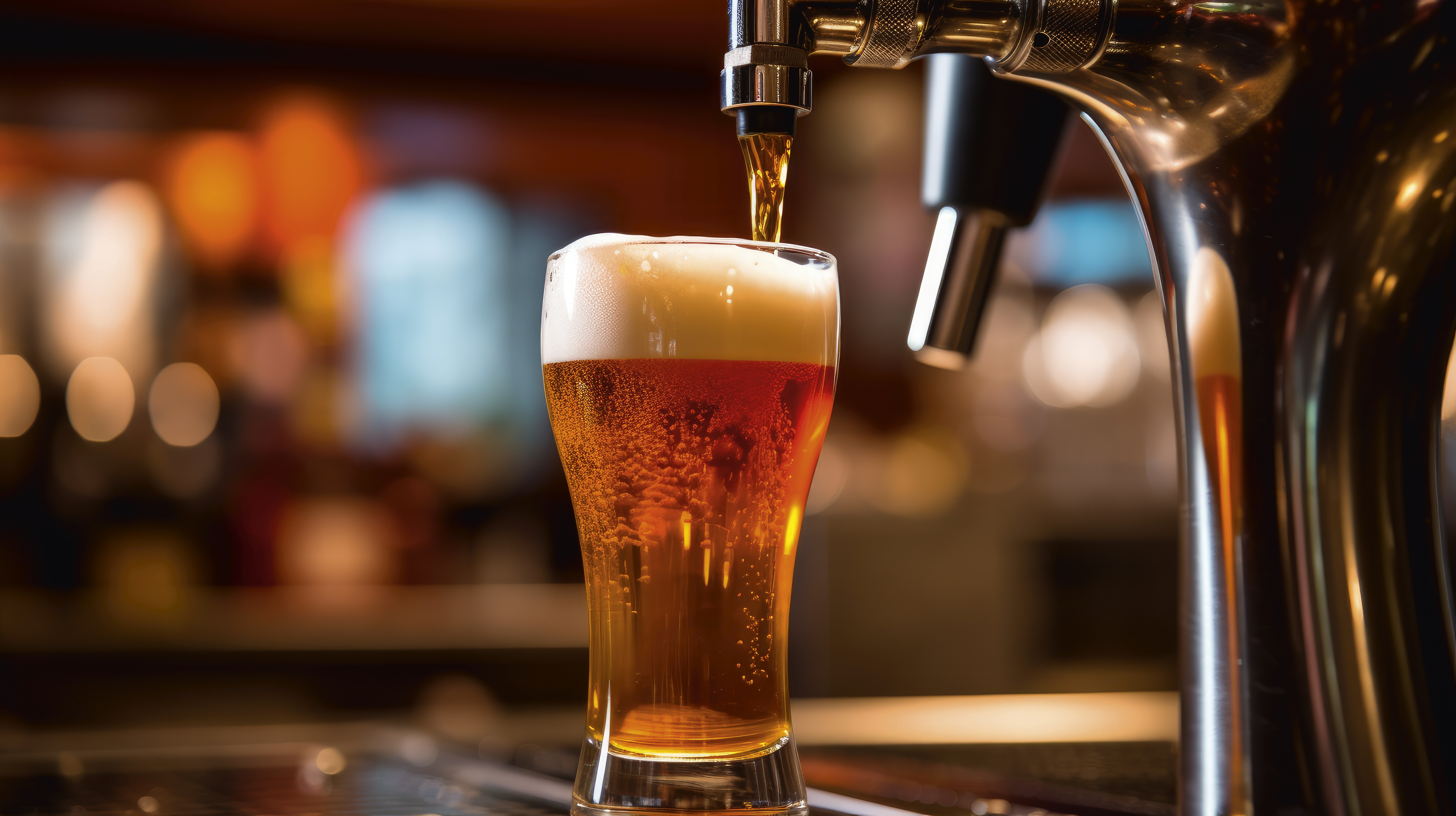 Piwo nalewane do szklanki, z pianą i bąbelkami.