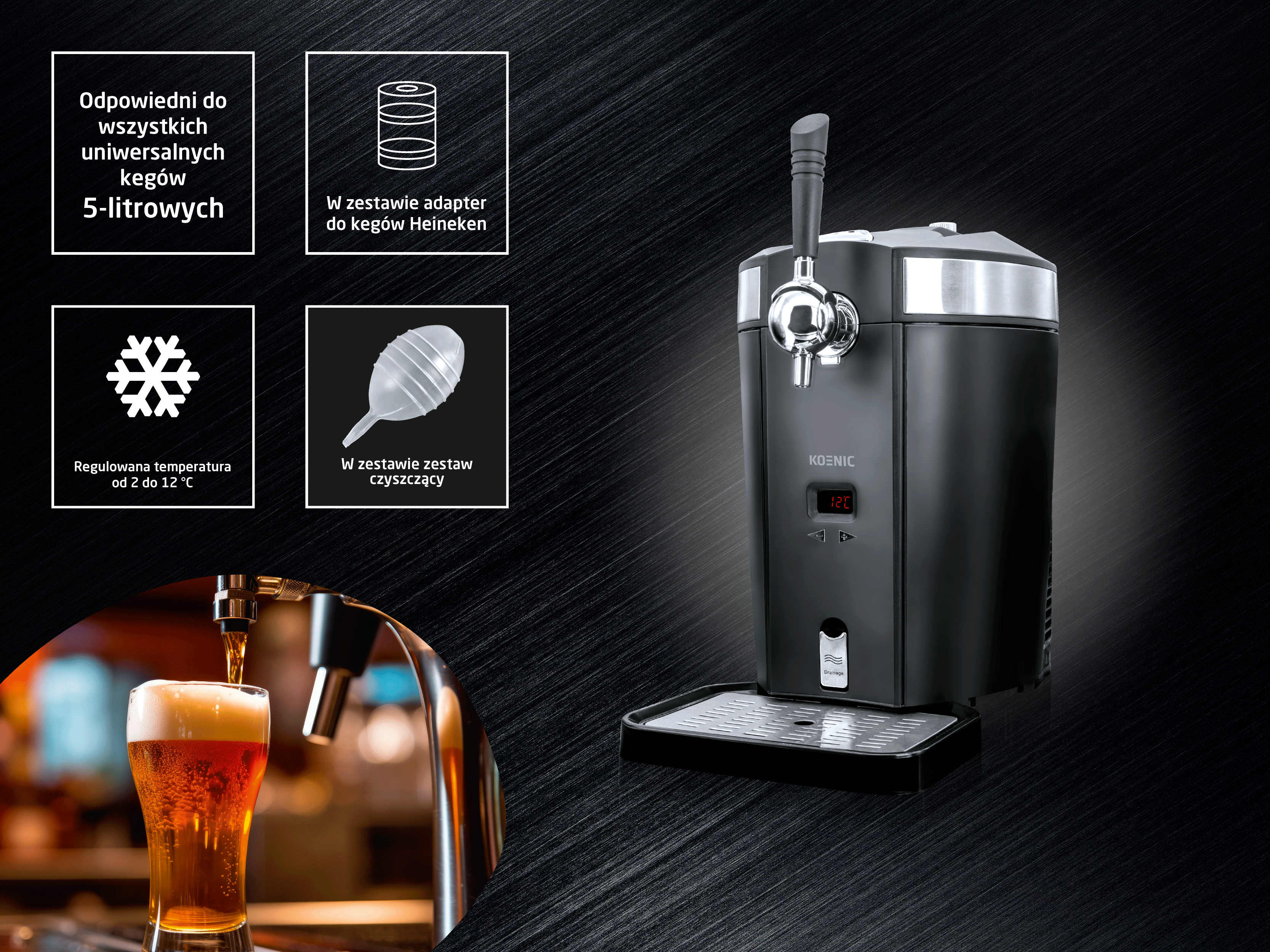 Czarny dystrybutor piwa z wyświetlaczem LED obok szklanki piwa.
