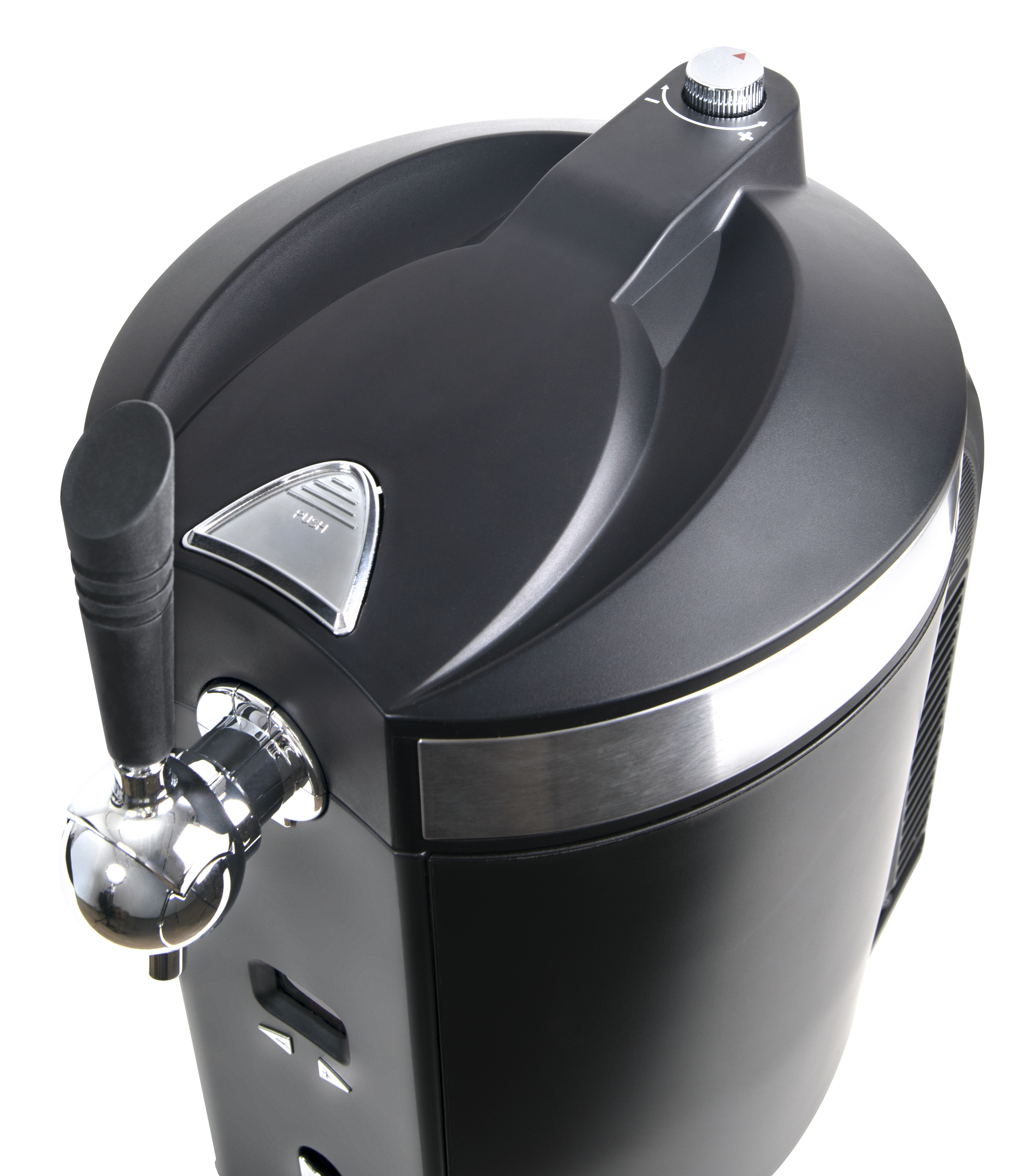 Czarny dystrybutor piwa z chromowanym kranem i pokrętłem.