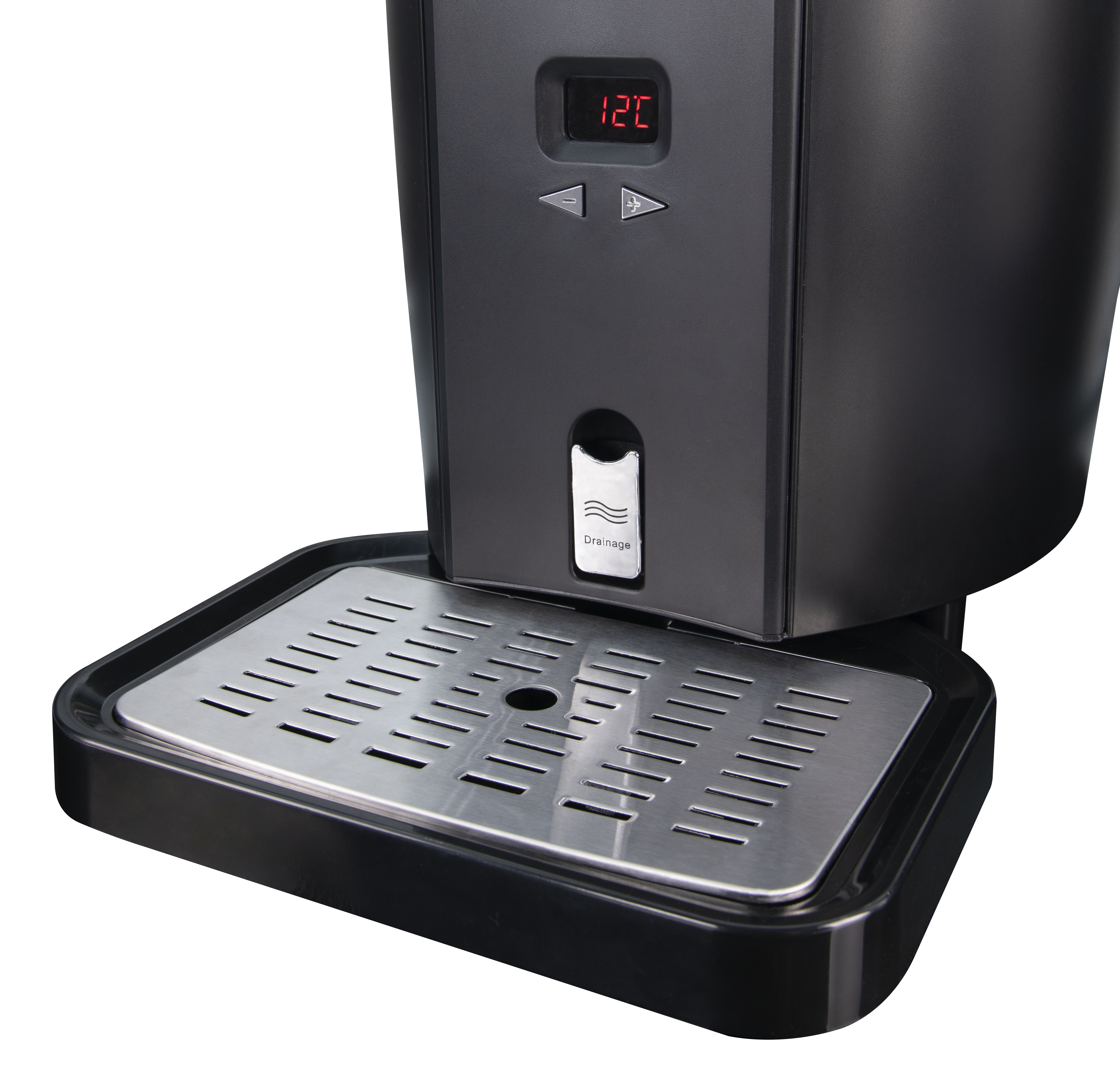 Czarny dozownik z cyfrowym wyświetlaczem (12°C) i tacą ociekową ze stali nierdzewnej.