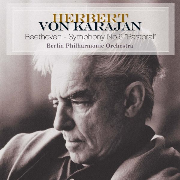 Porträt von Herbert von Karajan, Dirigent, mit Text über Beethoven.