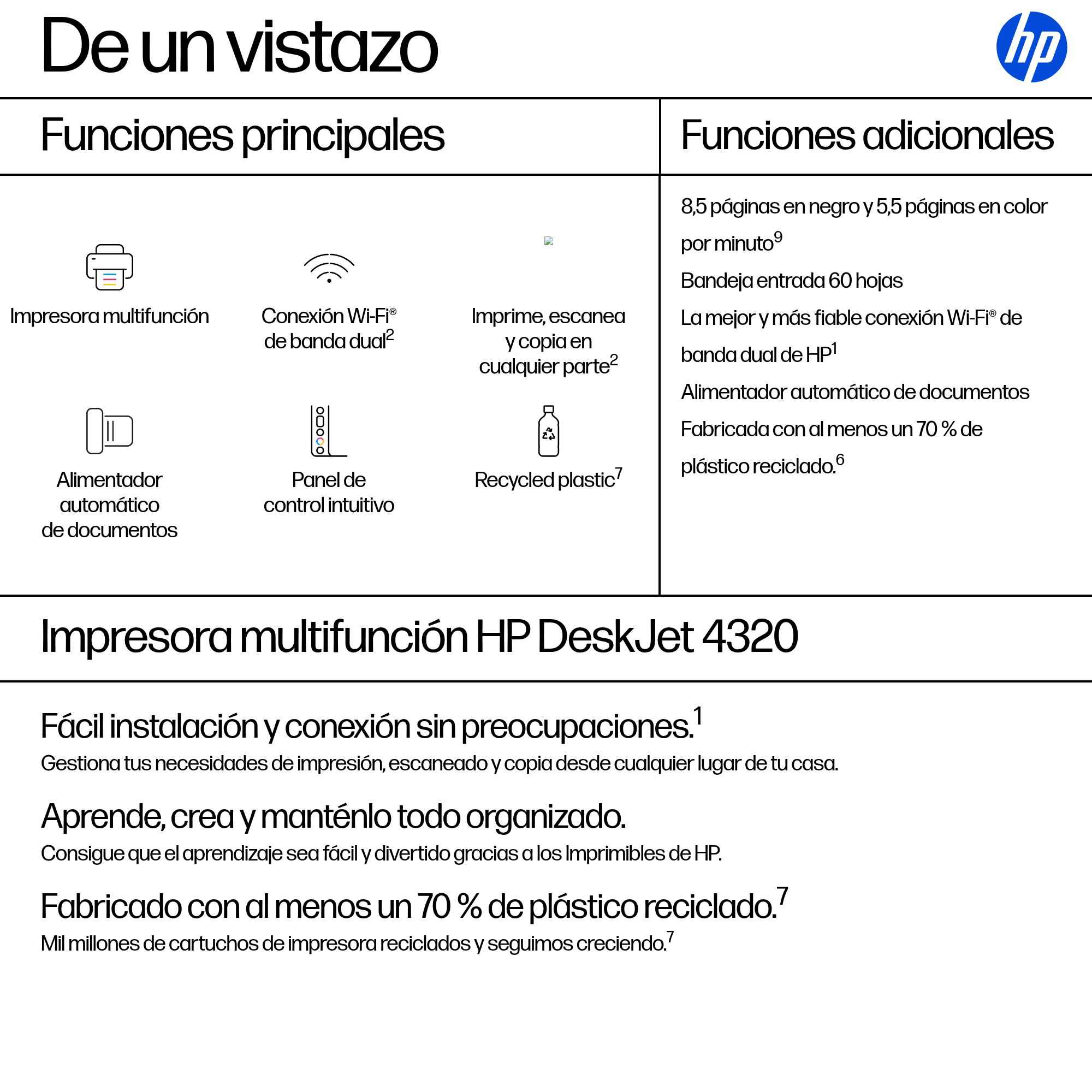 HP DeskJet 4320: Impresora multifunción con Wi-Fi, bandeja 60 hojas, ADF.