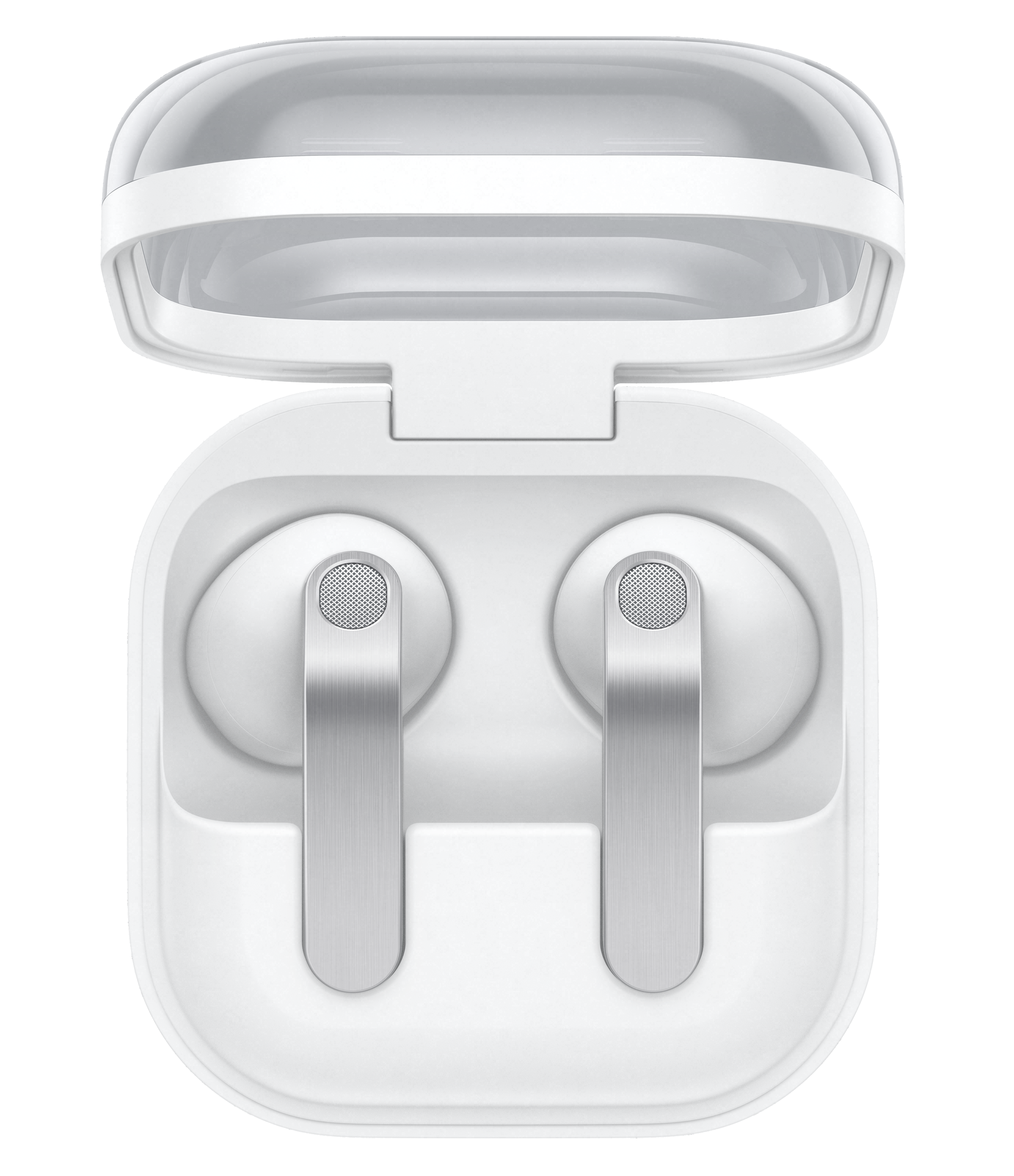 Białe słuchawki ze srebrnymi akcentami w otwartym, białym etui ładującym.