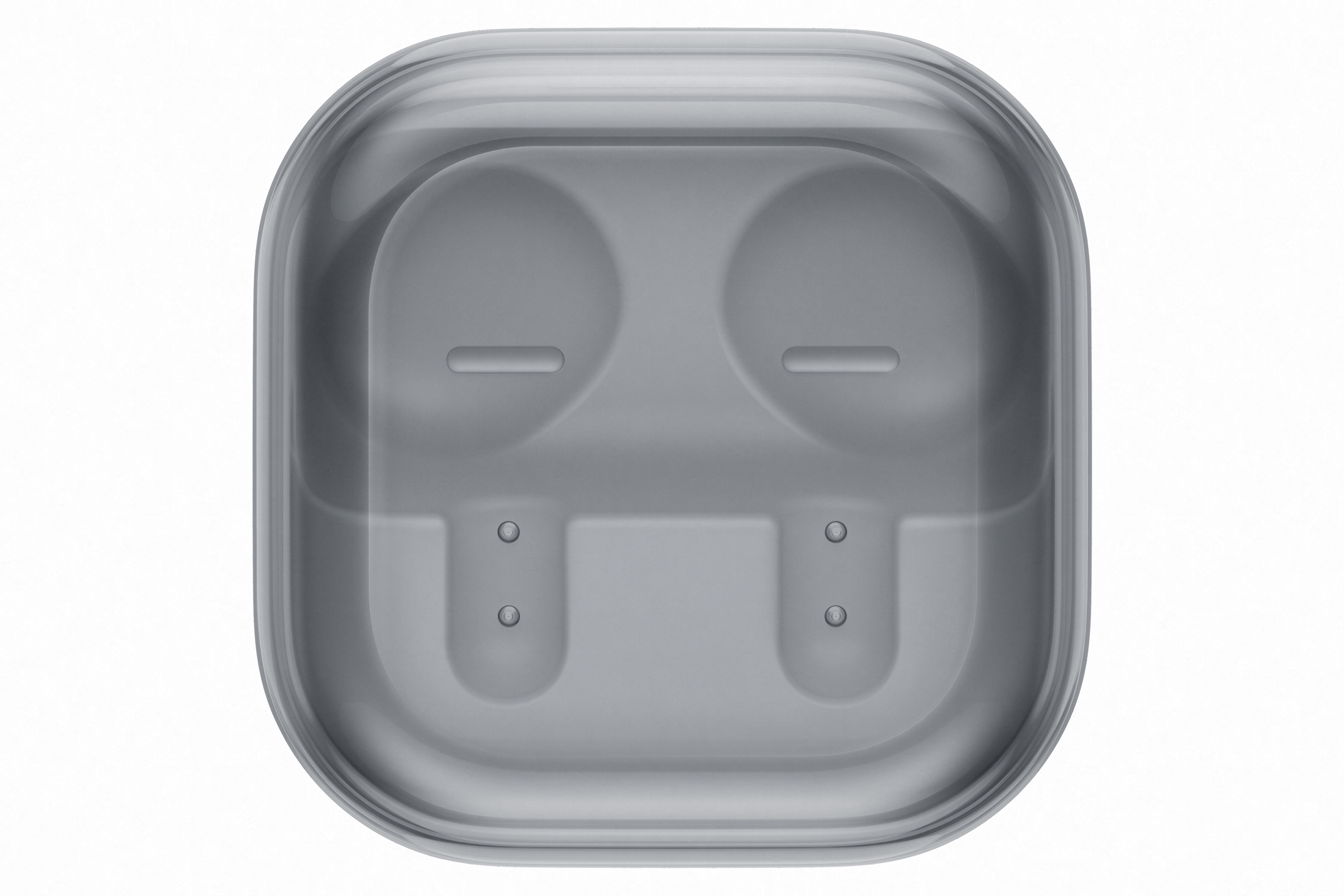 Szara ładowarka z dwoma okrągłymi wgłębieniami i stykami ładowania.