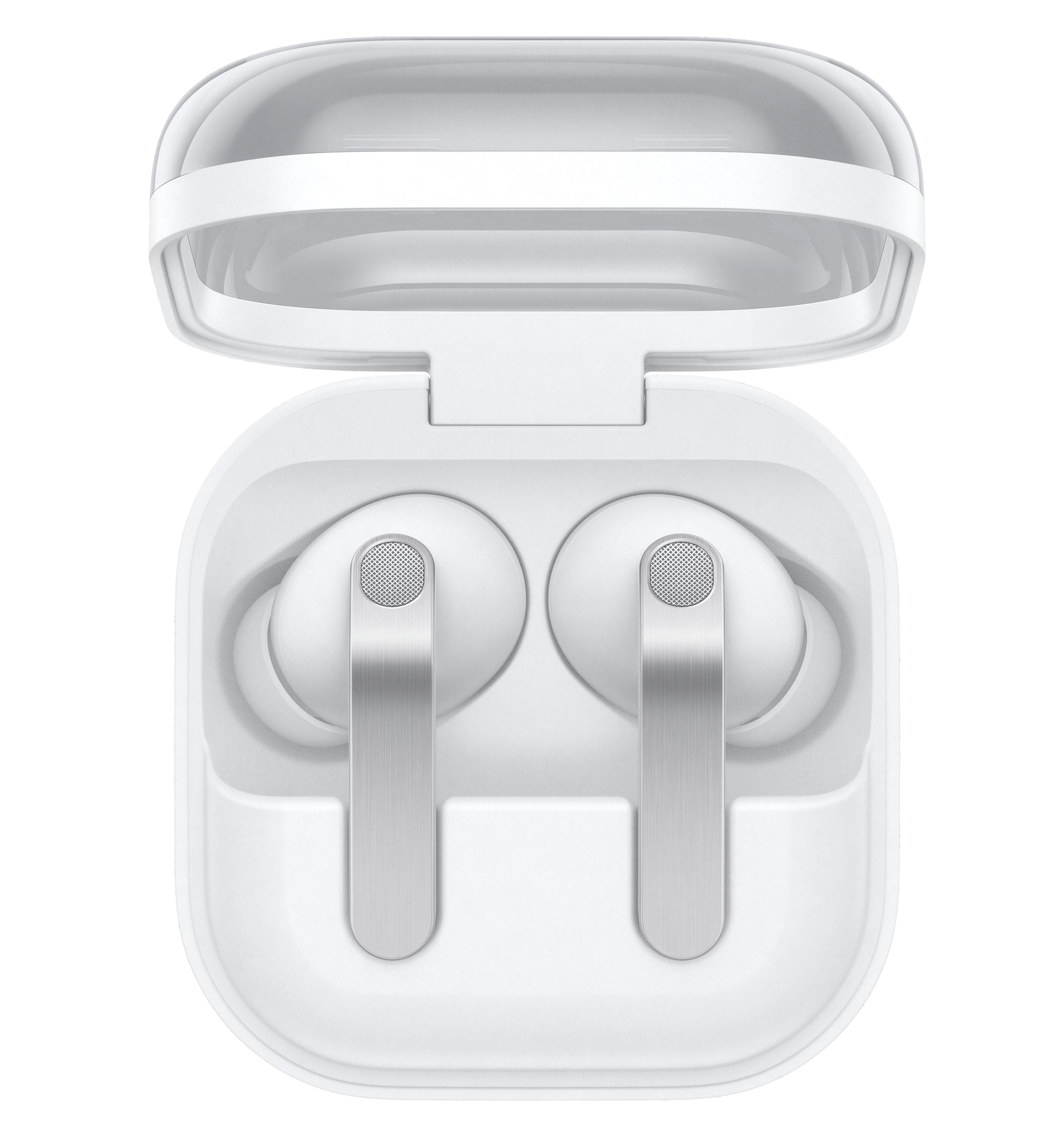 Białe słuchawki bezprzewodowe w otwartym etui ładującym z przezroczystą pokrywą.