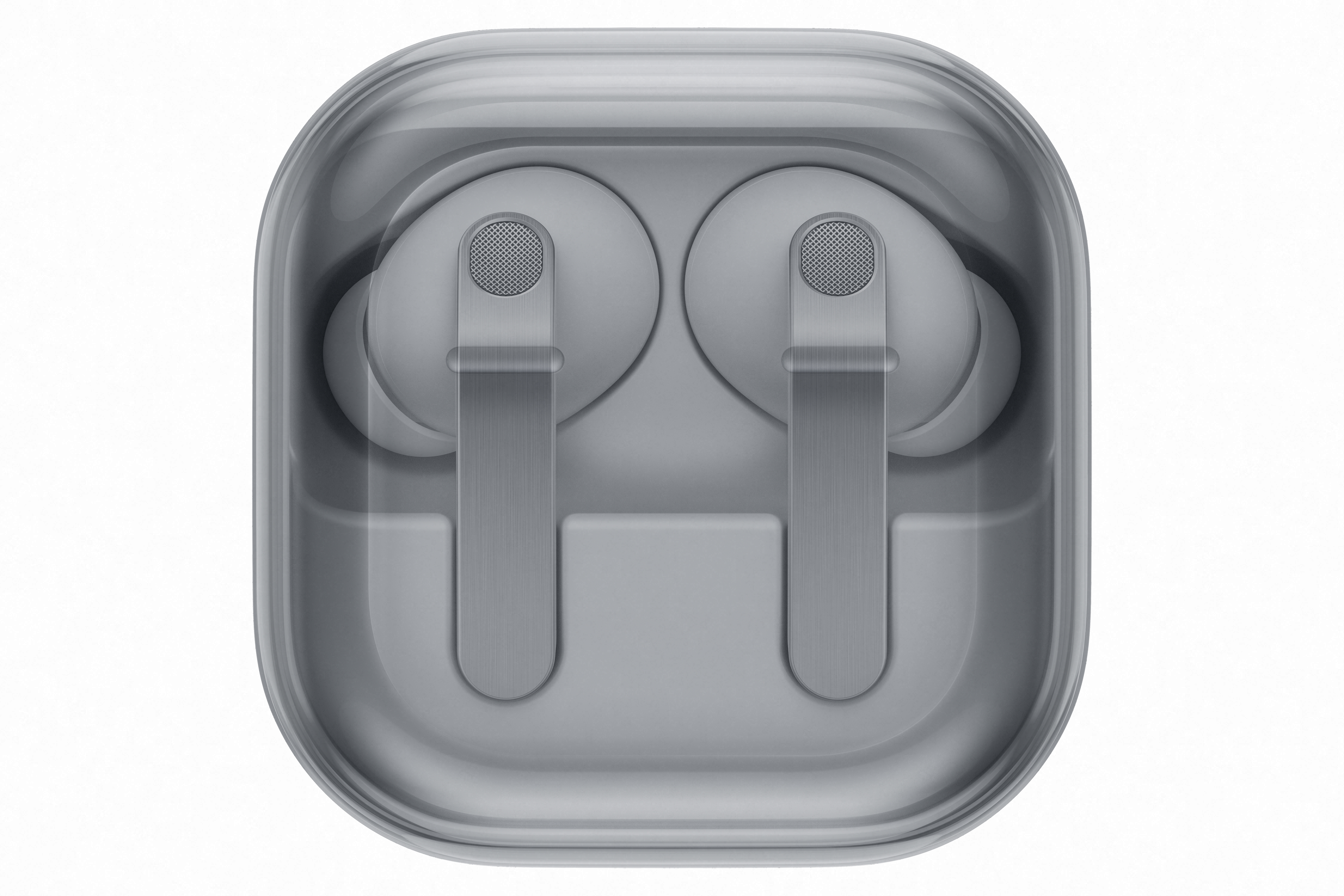 Szare słuchawki bezprzewodowe w przezroczystym etui ładującym.