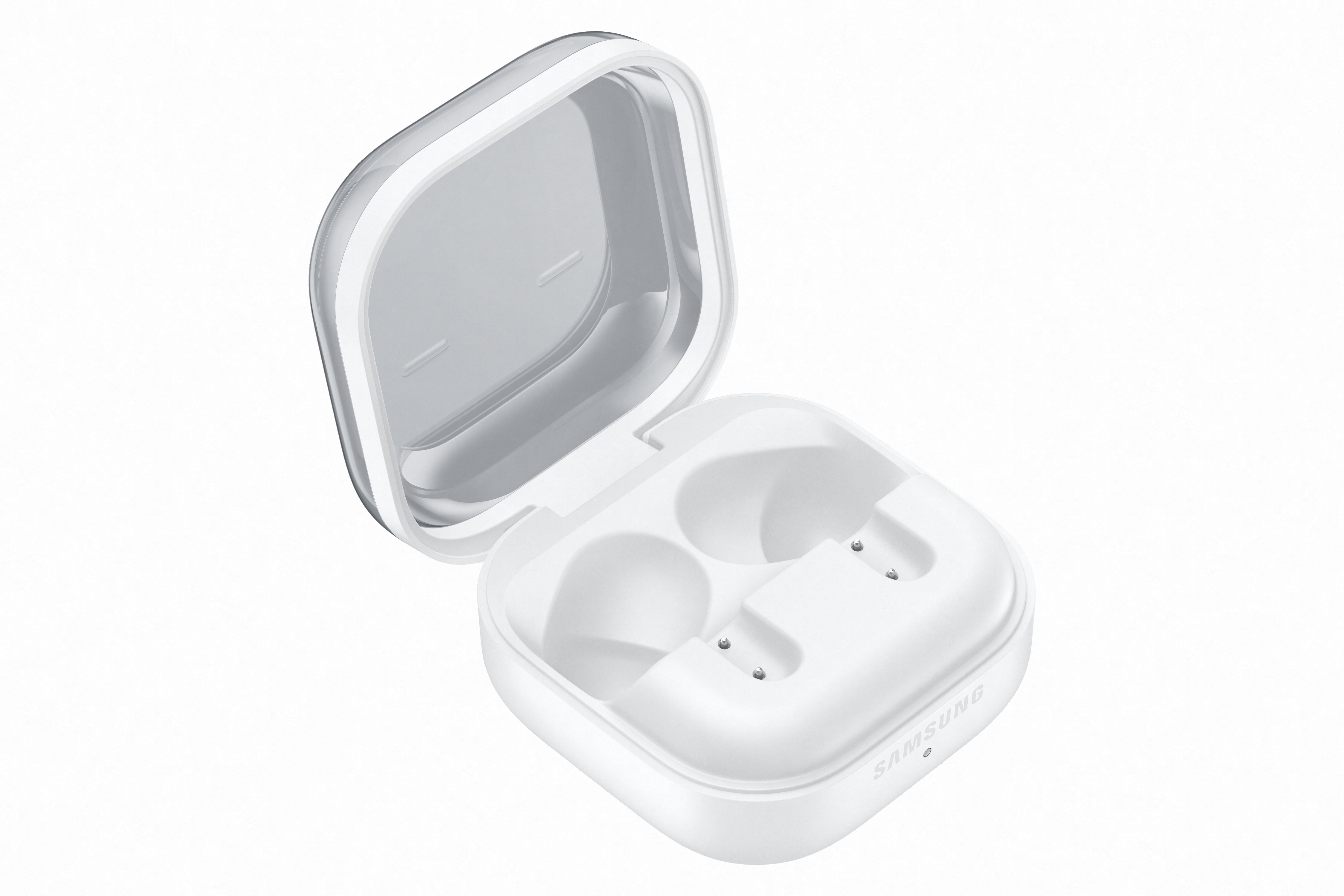 Białe etui ładujące Samsung Galaxy Buds z otwartą pokrywą.