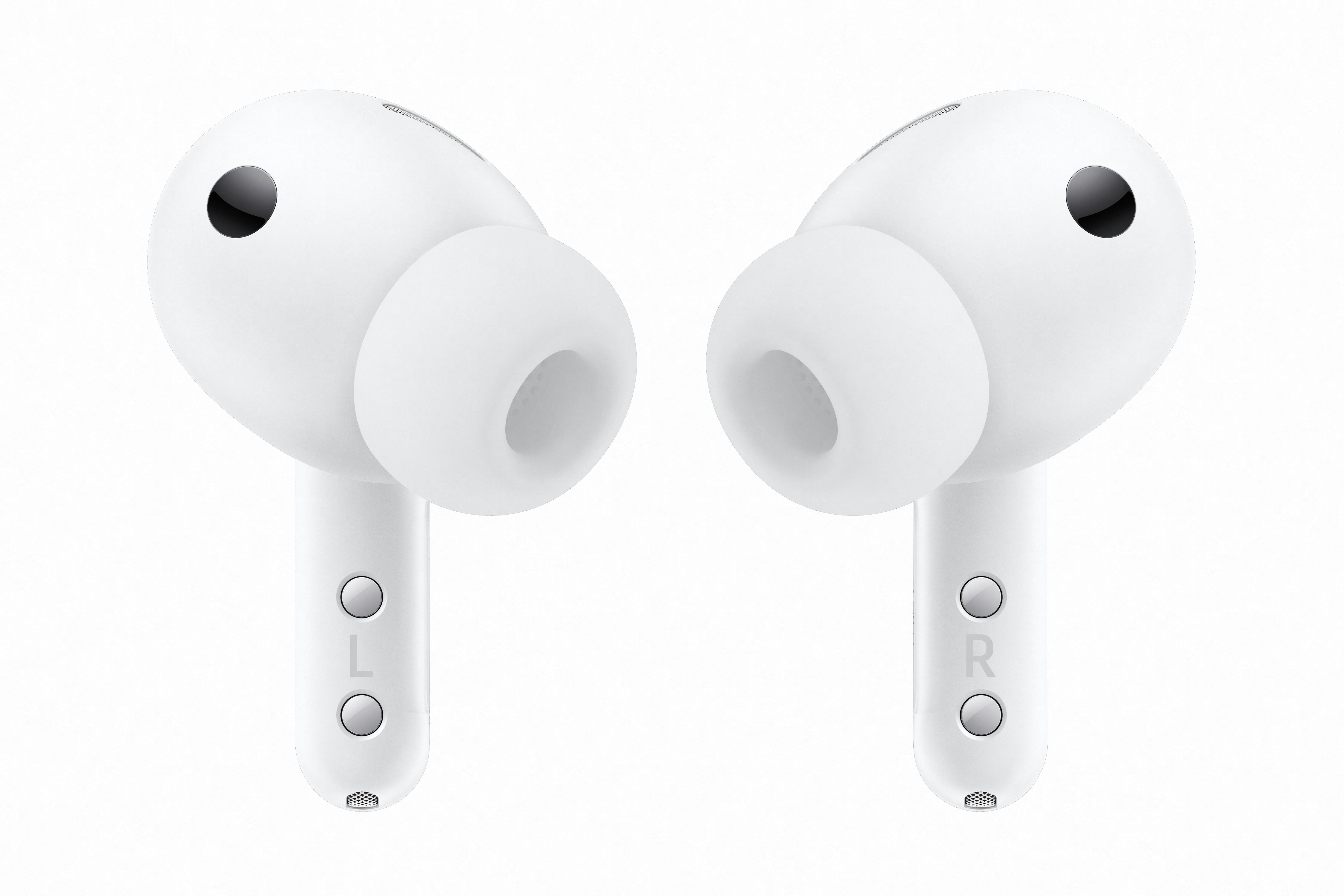 Dwa białe słuchawki bezprzewodowe na białym tle, oznaczone lewa i prawa.