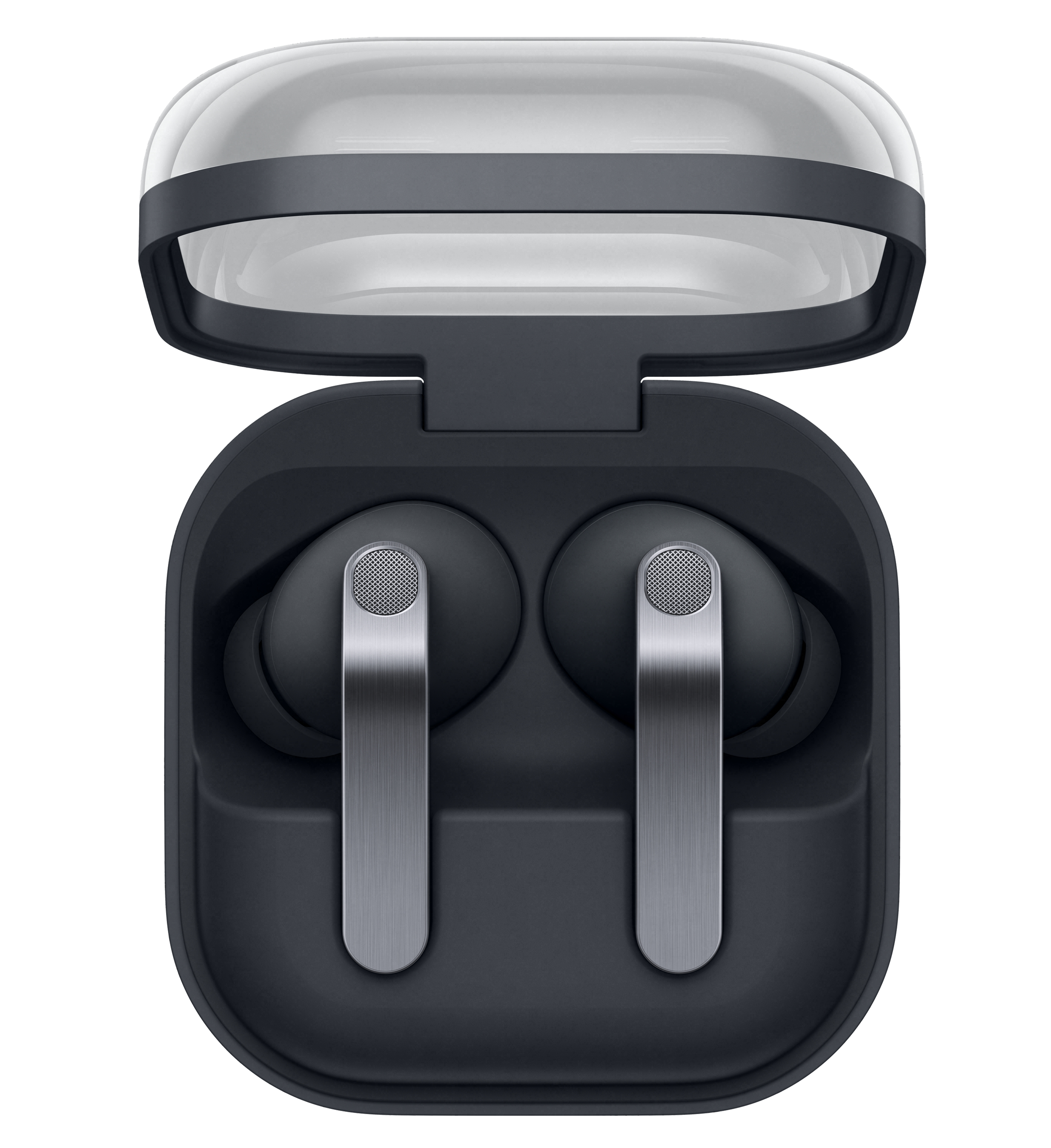 Bezprzewodowe słuchawki douszne w ciemnej ładowarce z przezroczystą pokrywą.
