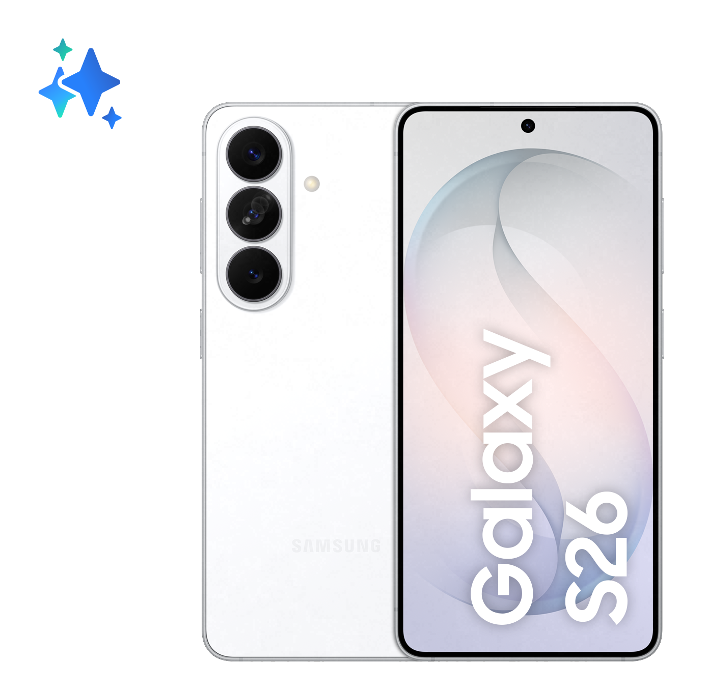 Biały smartfon Samsung Galaxy S26 z trzema tylnymi aparatami.