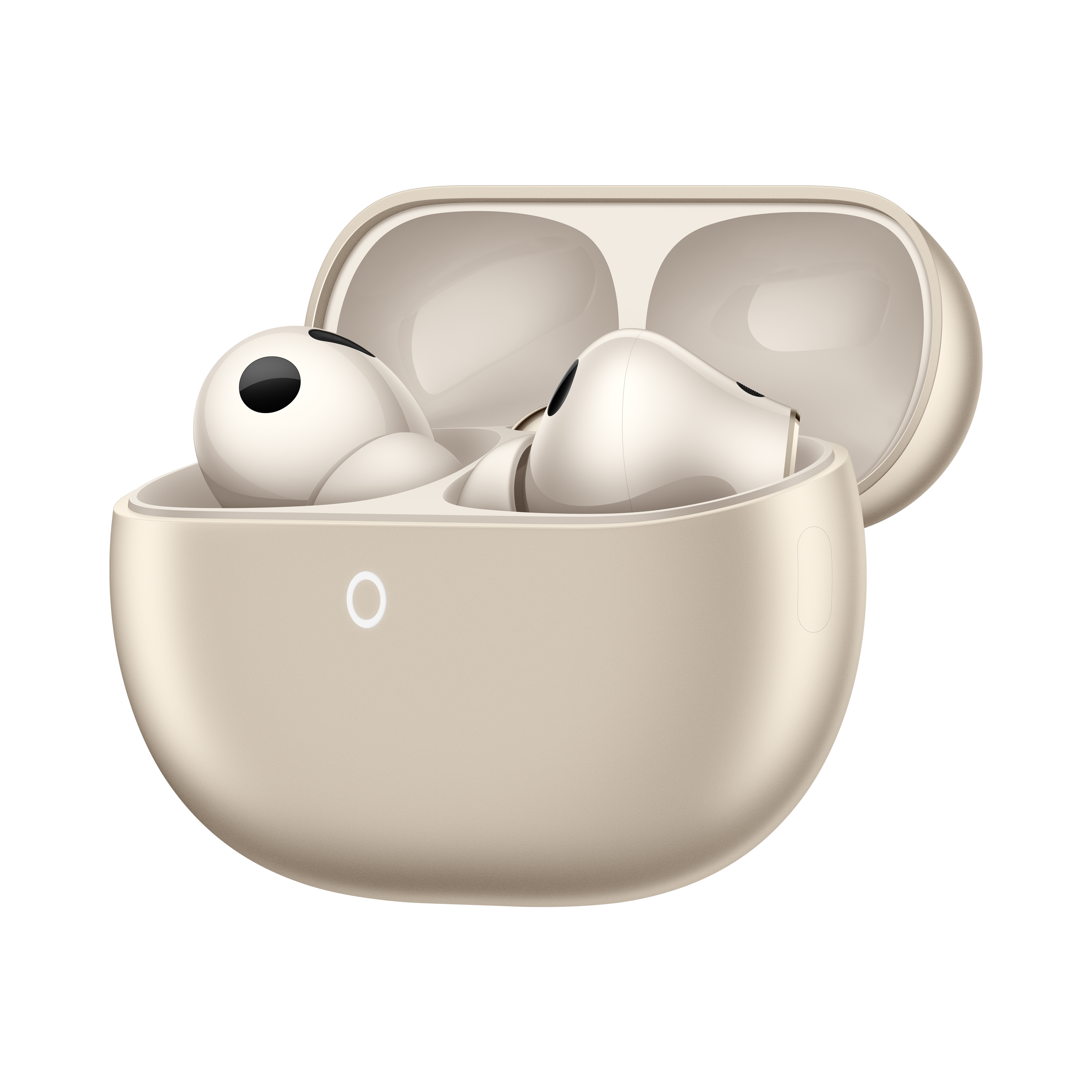 Beżowe słuchawki w otwartym etui ładującym, z dwoma słuchawkami w środku.