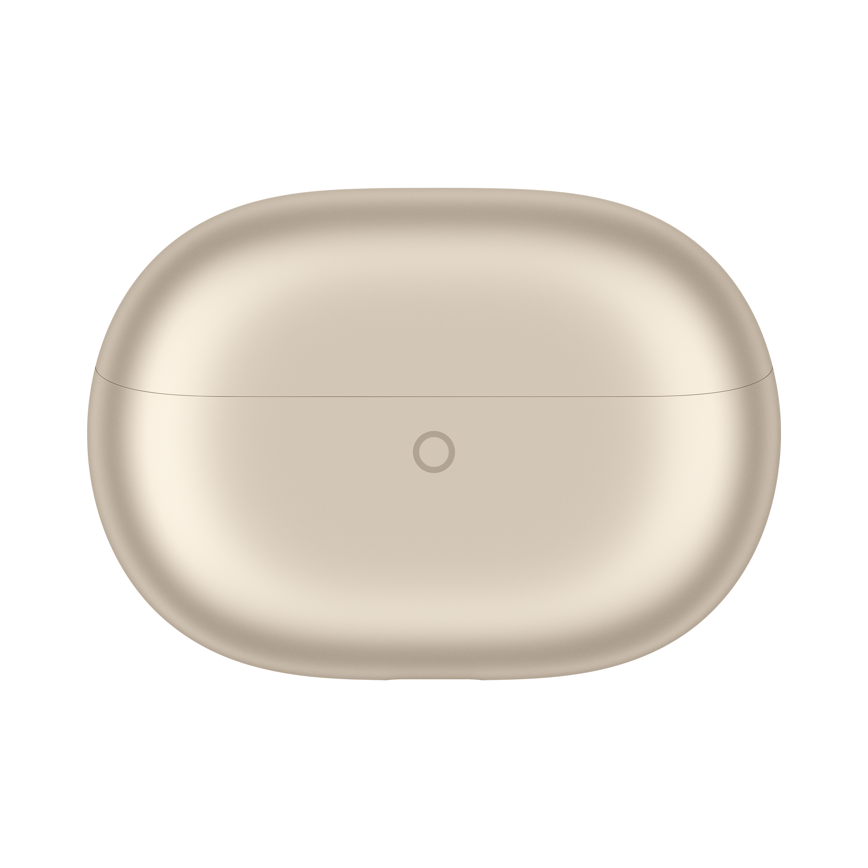 Zamknięte, szampańskie etui ładujące do słuchawek z okrągłym logo.