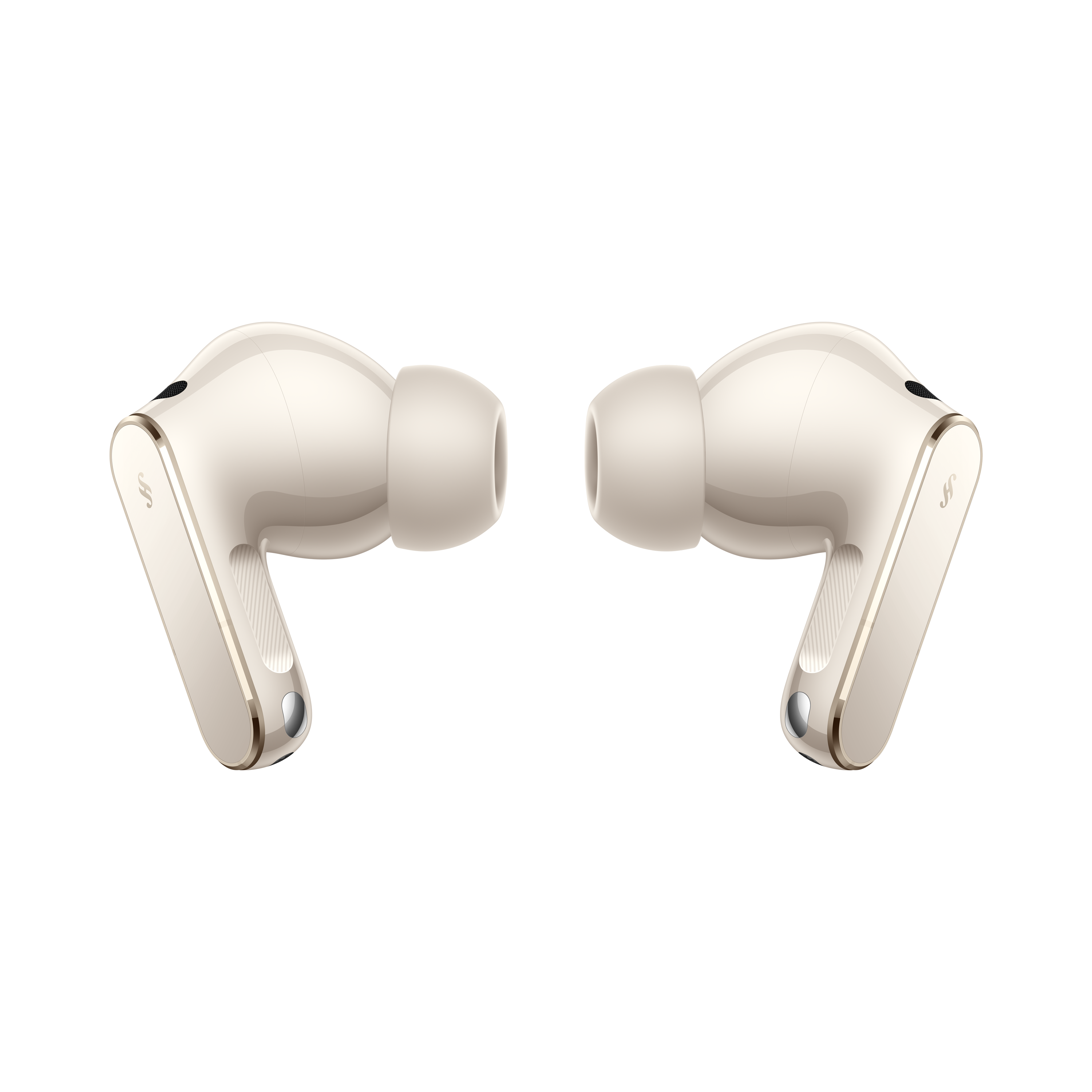 Dwa beżowe słuchawki bezprzewodowe ze złotymi akcentami na czarnym tle.