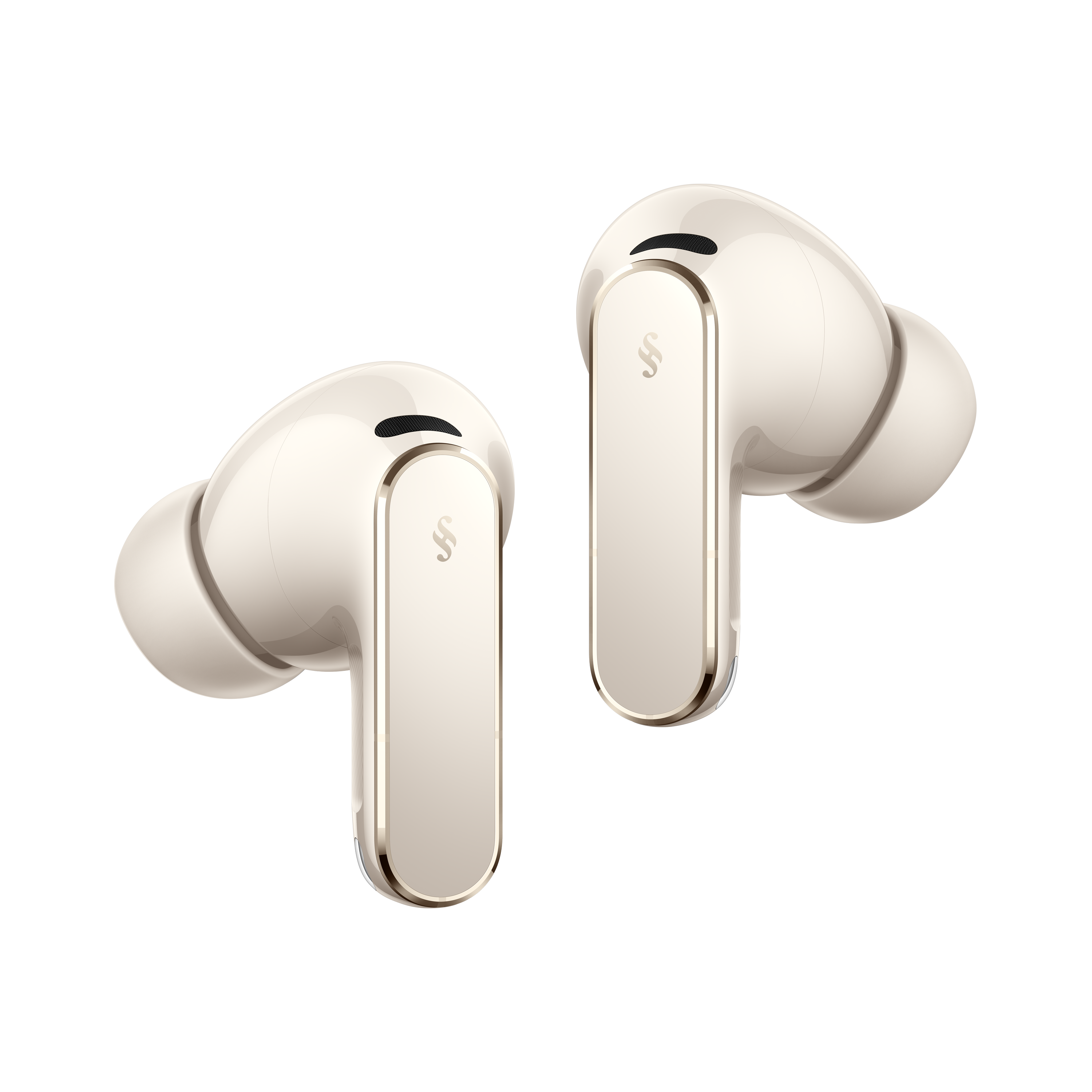 Dwa kremowe słuchawki bezprzewodowe ze złotymi akcentami na czarnym tle.