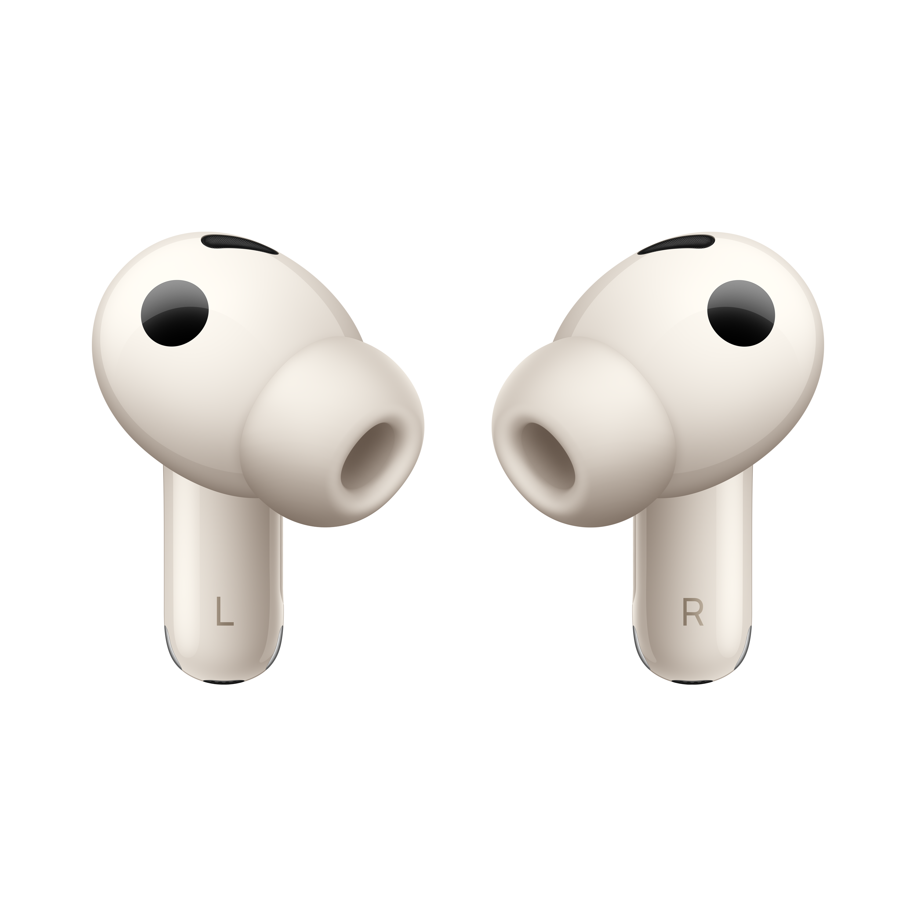 Dwa białe słuchawki z czarnymi detalami na czarnym tle.